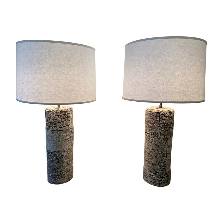 Peter Lane pair of ceramic birch-bark table lamps, 2015, offered by reGeneration Furniture Inc. 