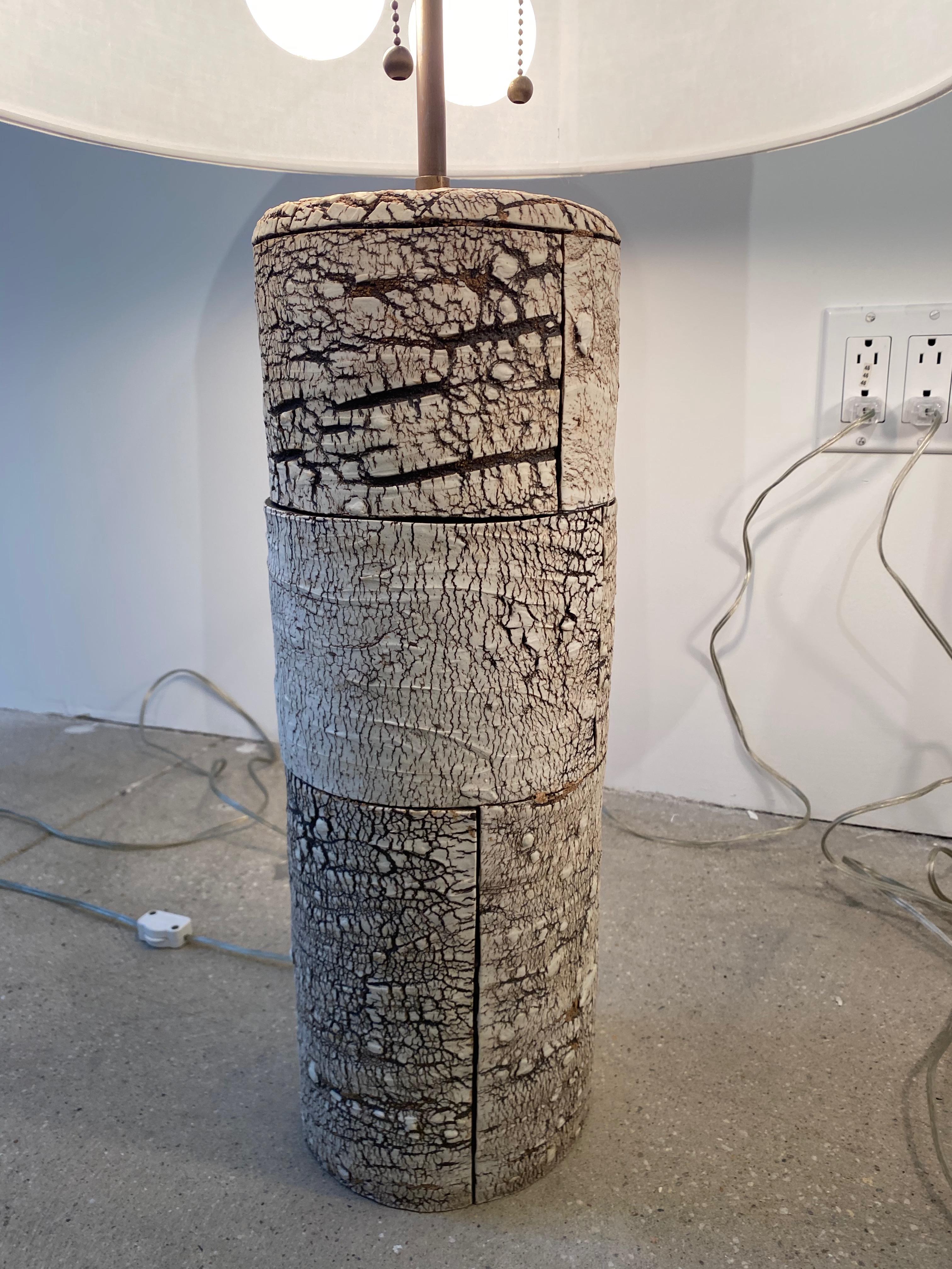 American Pair of Ceramic, Birch Bark Table Lamps by Peter Lane