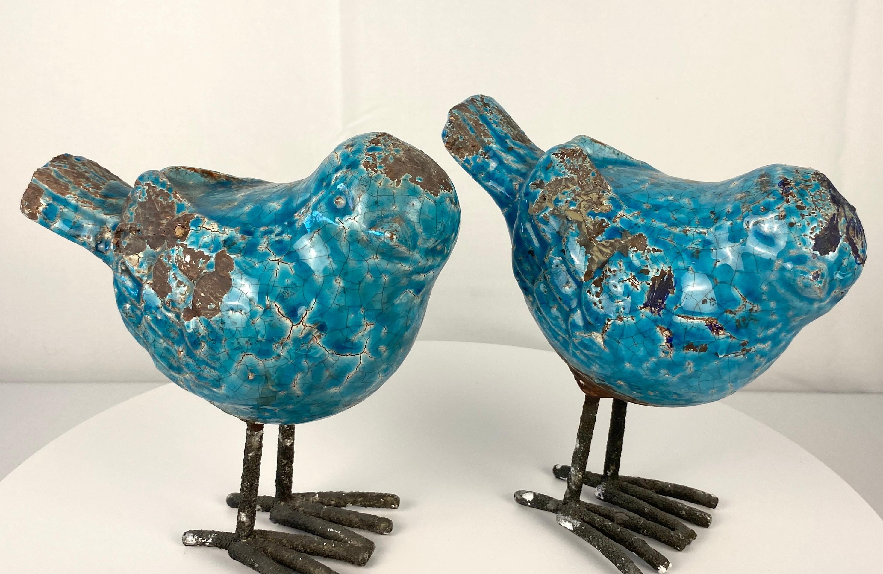 Mid-Century Modern Pair of Ceramic Bird Sculptures Blue Colored Animal Sculptures For Sale