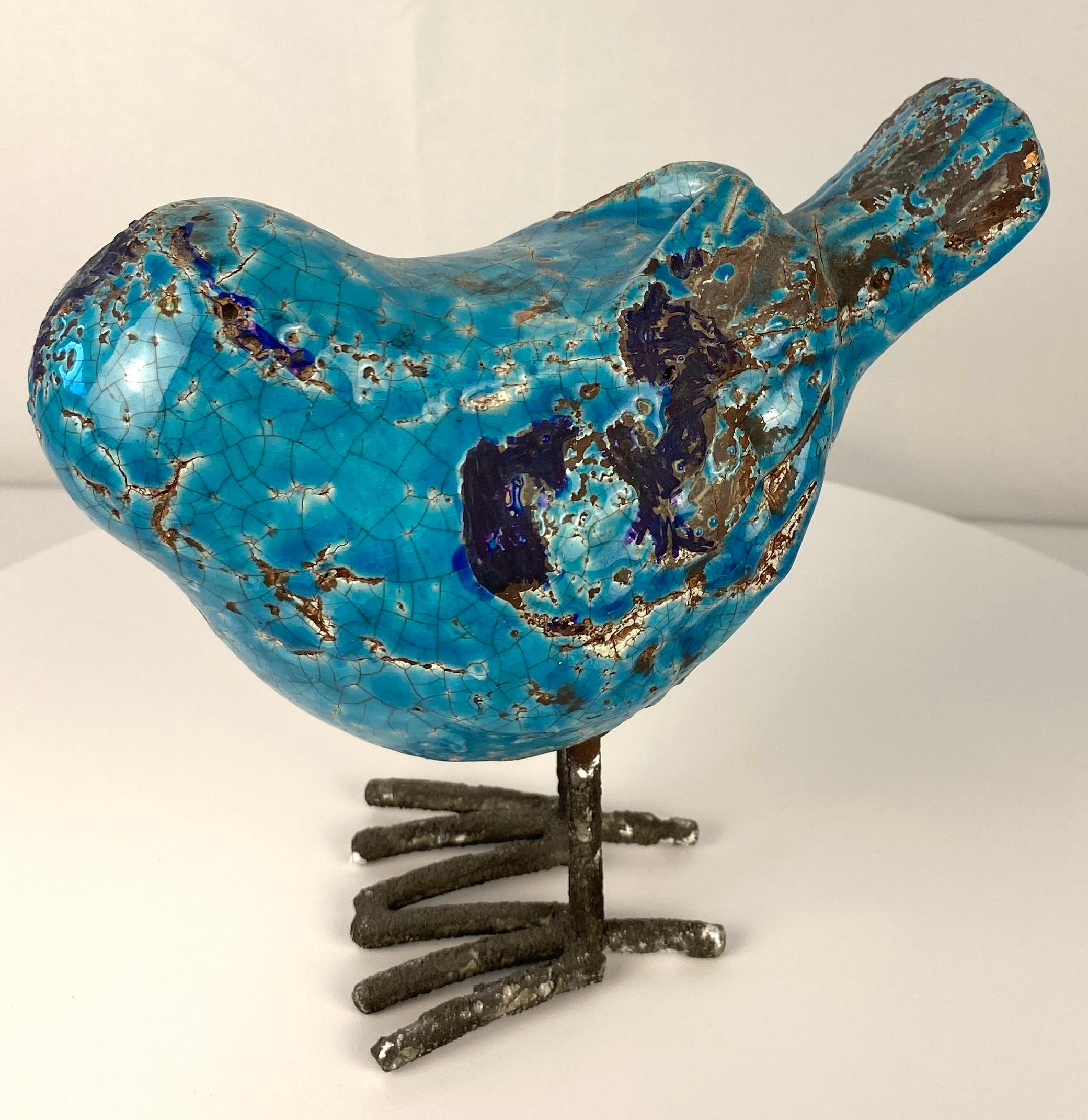 Italian Pair of Ceramic Bird Sculptures Blue Colored Animal Sculptures For Sale