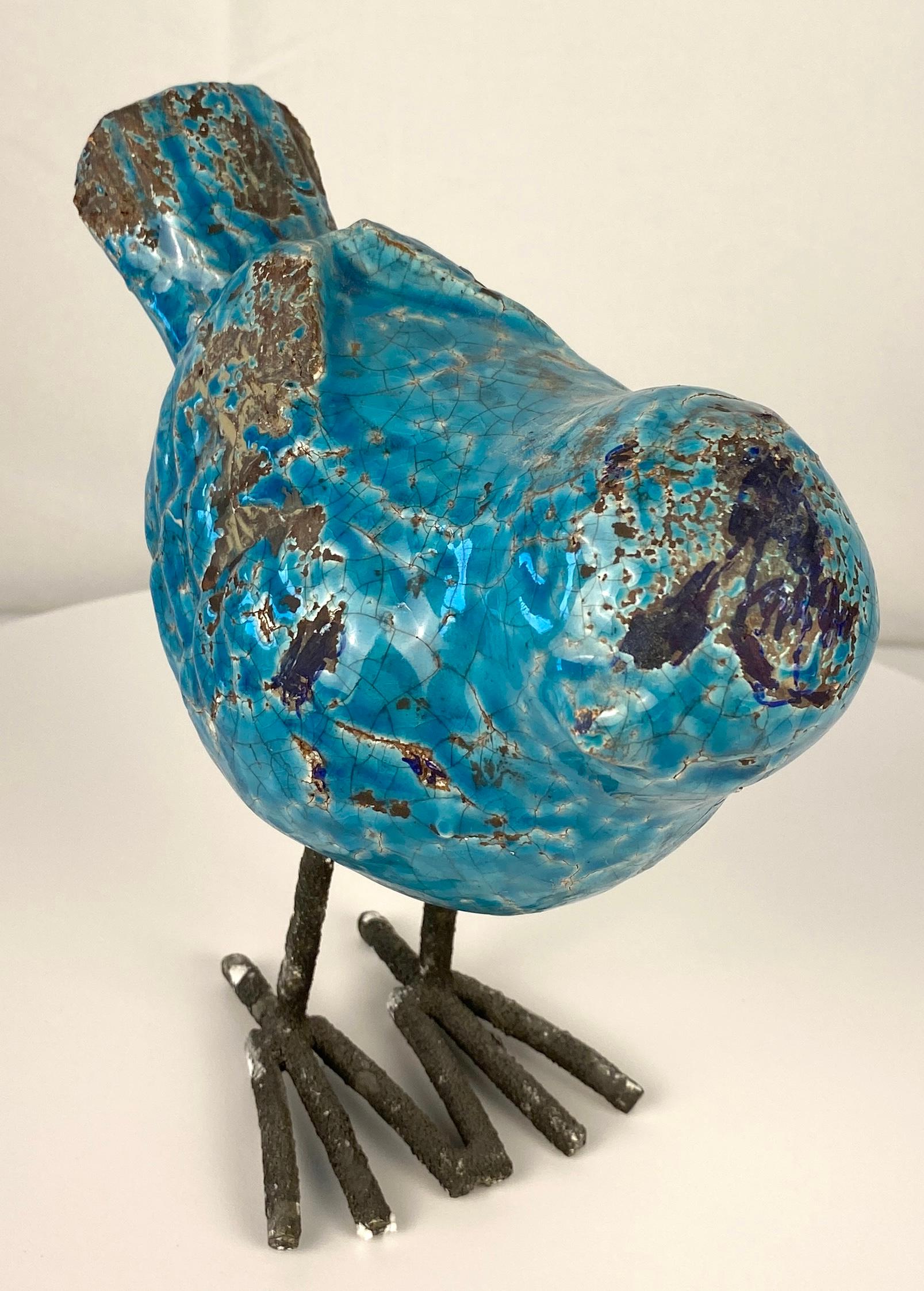 Hand-Painted Pair of Ceramic Bird Sculptures Blue Colored Animal Sculptures For Sale