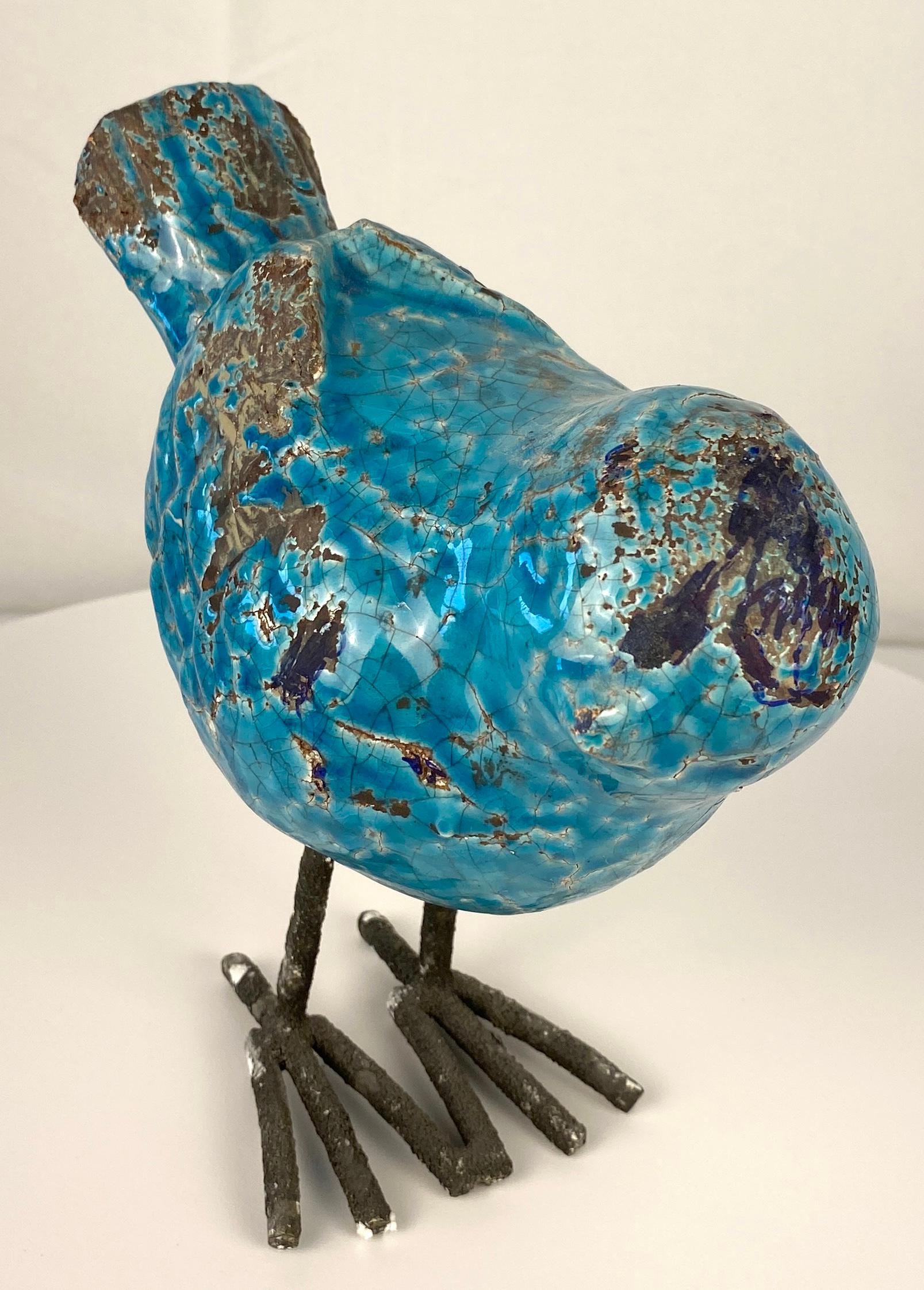Hand-Painted Pair of Ceramic Bird Sculptures Blue Colored Animal Sculptures