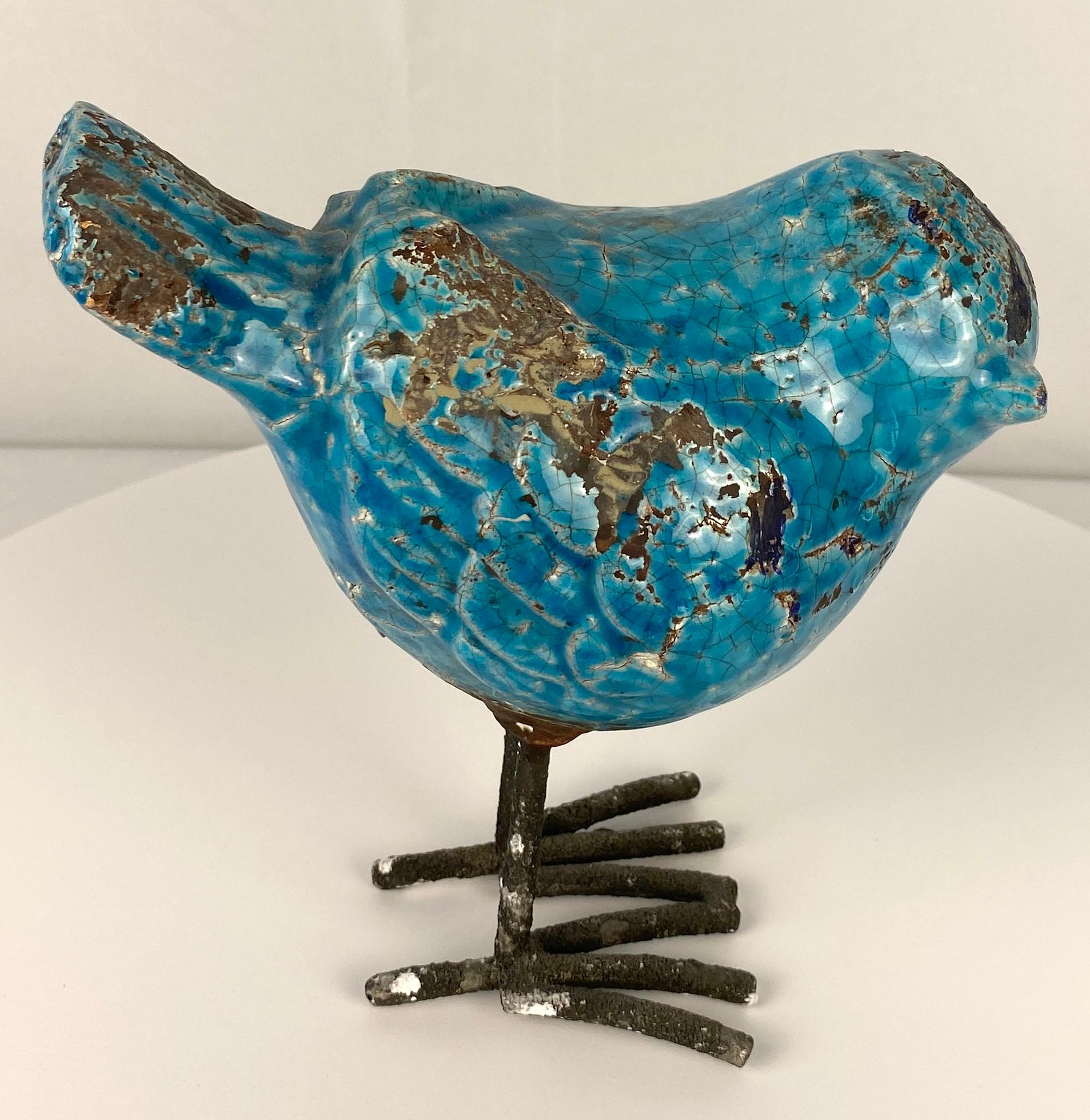 Pair of Ceramic Bird Sculptures Blue Colored Animal Sculptures In Good Condition For Sale In Miami, FL