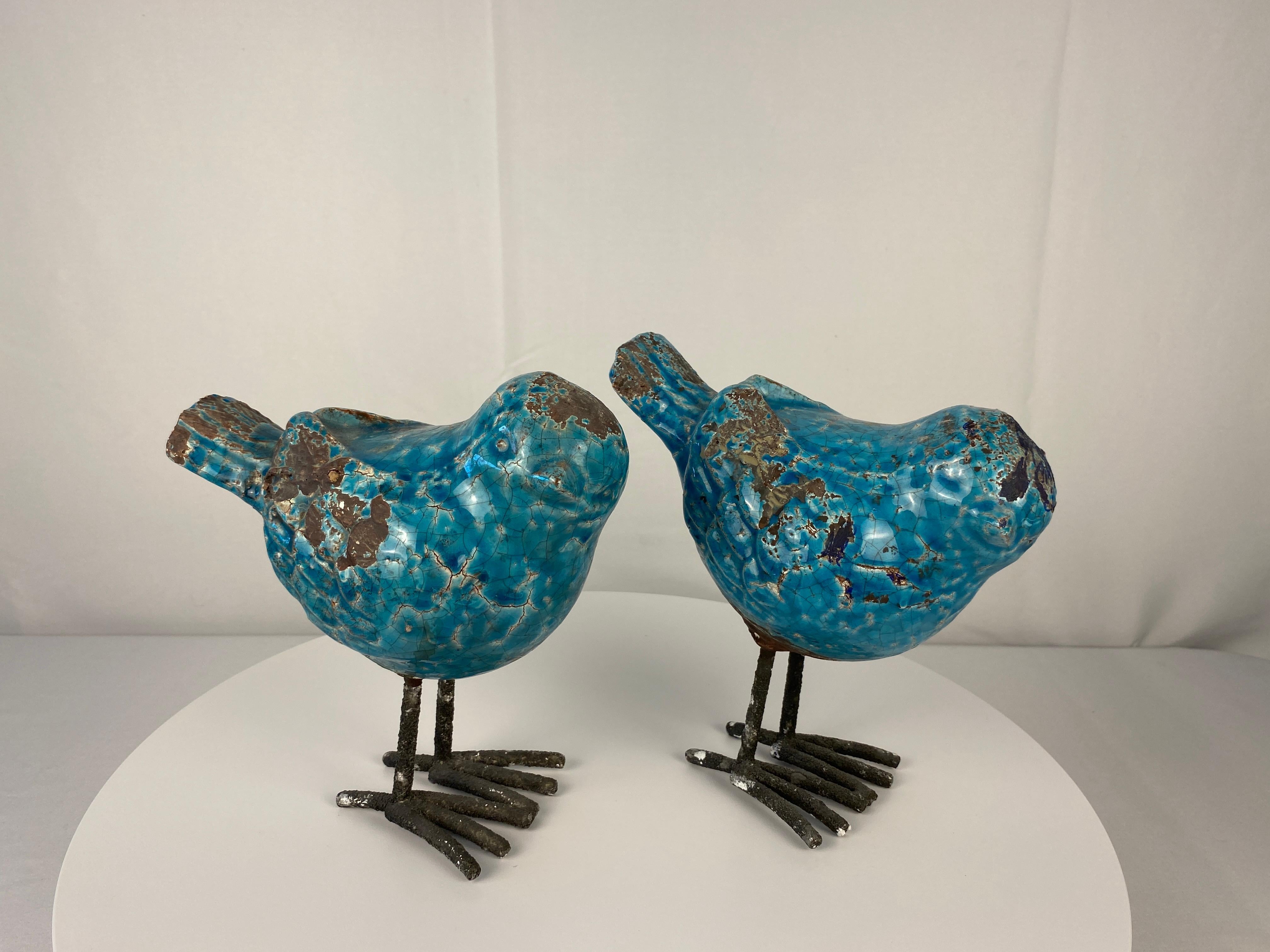 20th Century Pair of Ceramic Bird Sculptures Blue Colored Animal Sculptures For Sale
