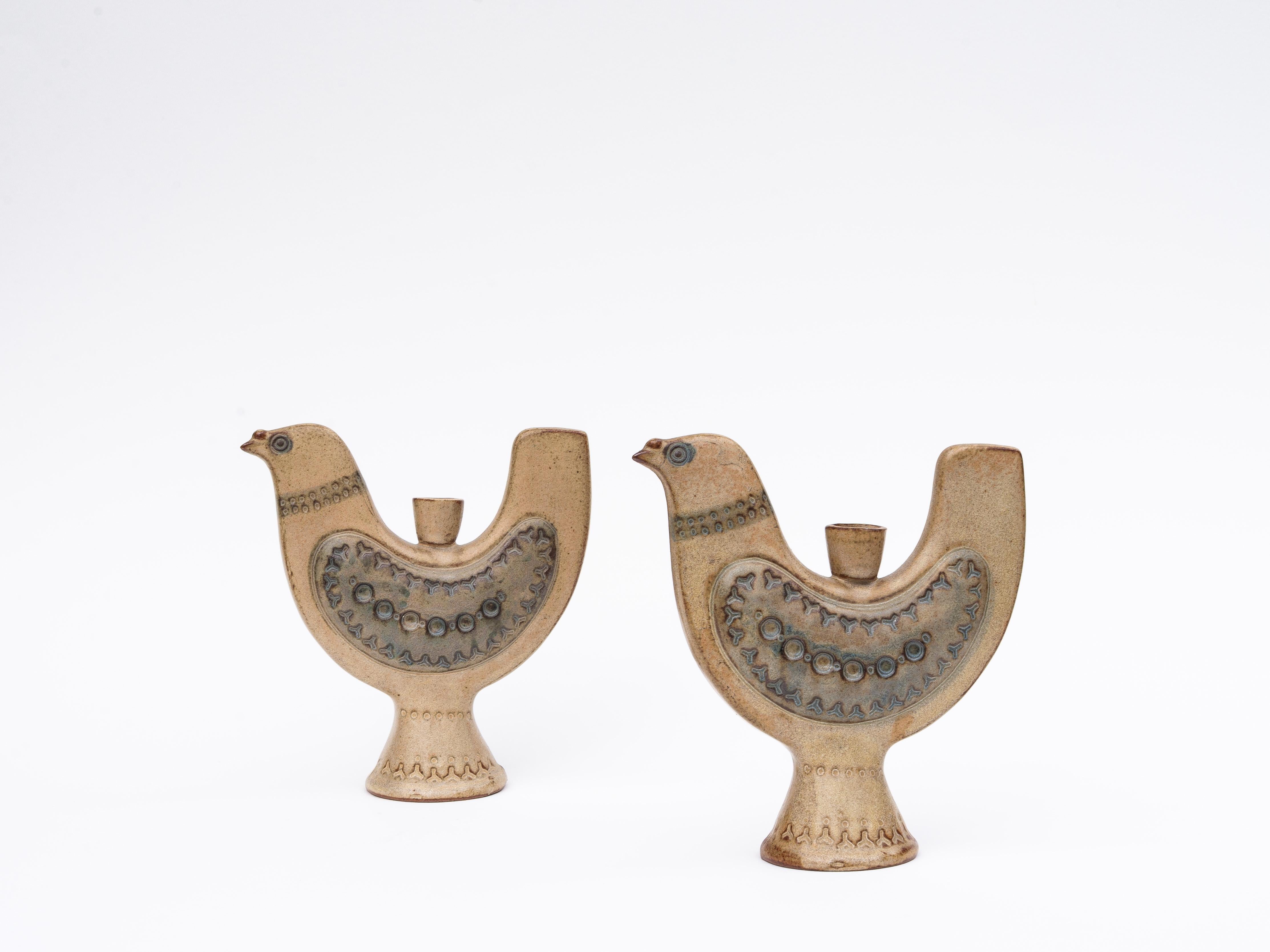 Paire de chandeliers oiseaux en céramique - Bougeoirs - Poterie japonaise 1970 en vente 2