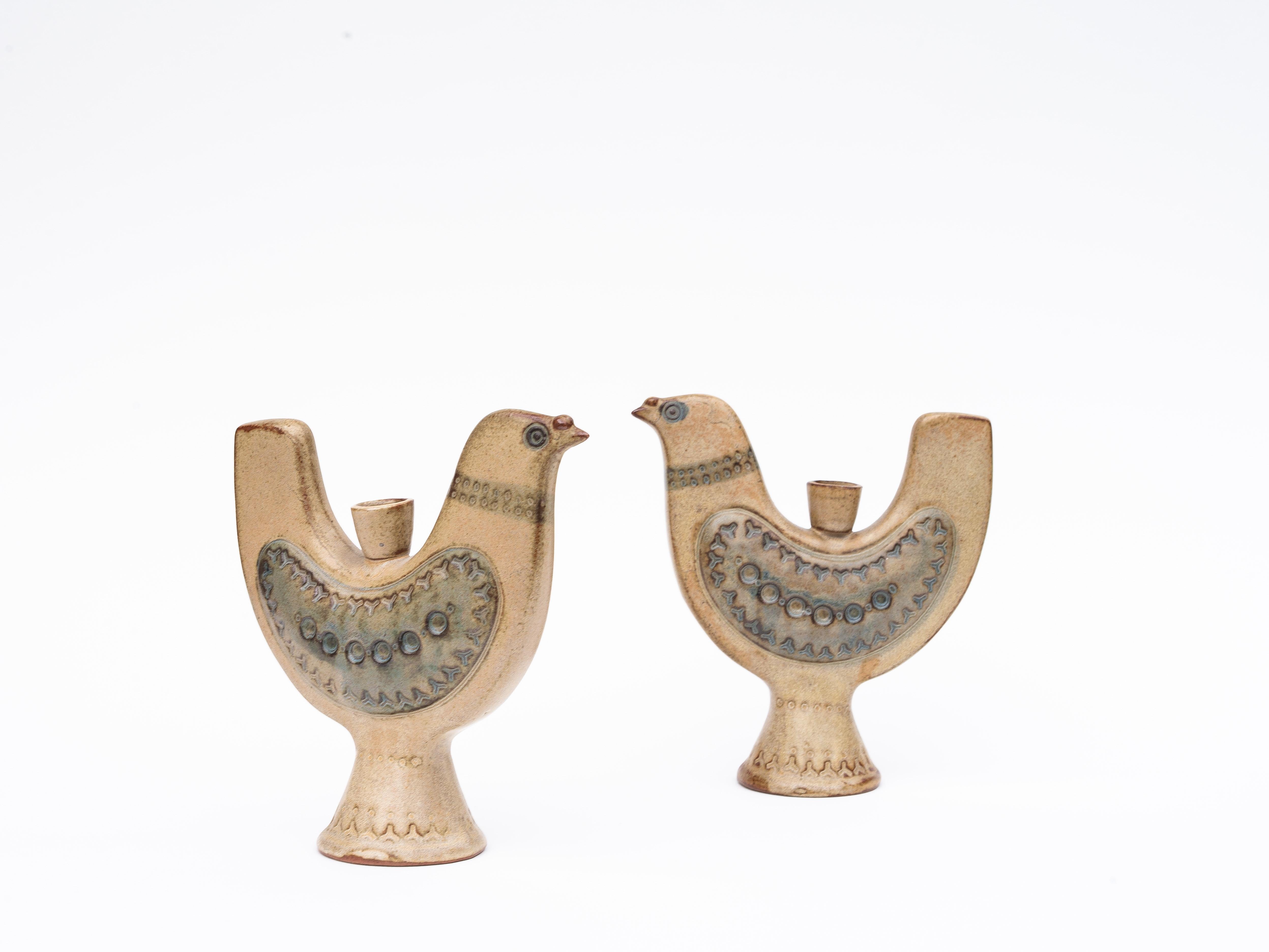 Mid-Century Modern Paire de chandeliers oiseaux en céramique - Bougeoirs - Poterie japonaise 1970 en vente