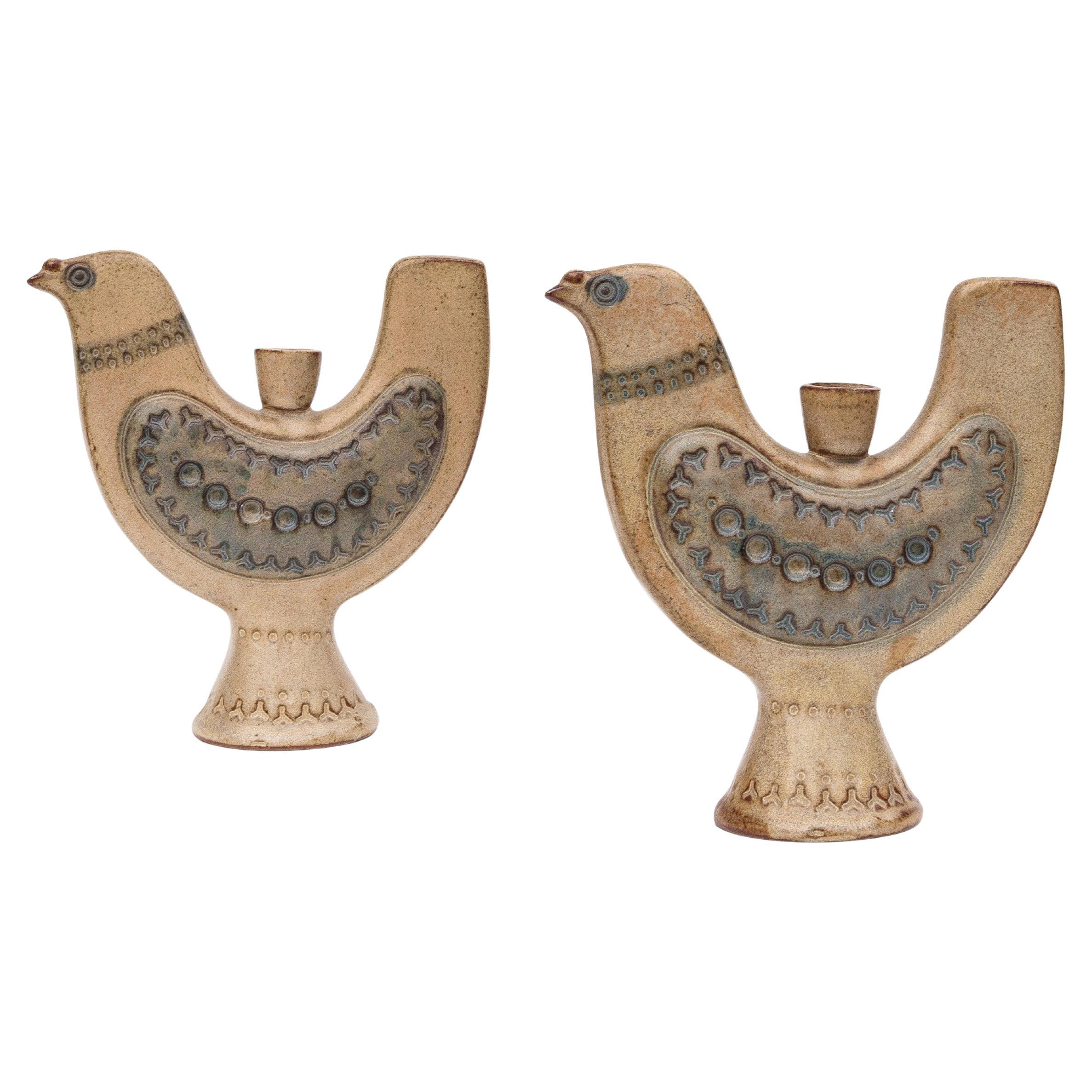 Paire de chandeliers oiseaux en céramique - Bougeoirs - Poterie japonaise 1970 en vente
