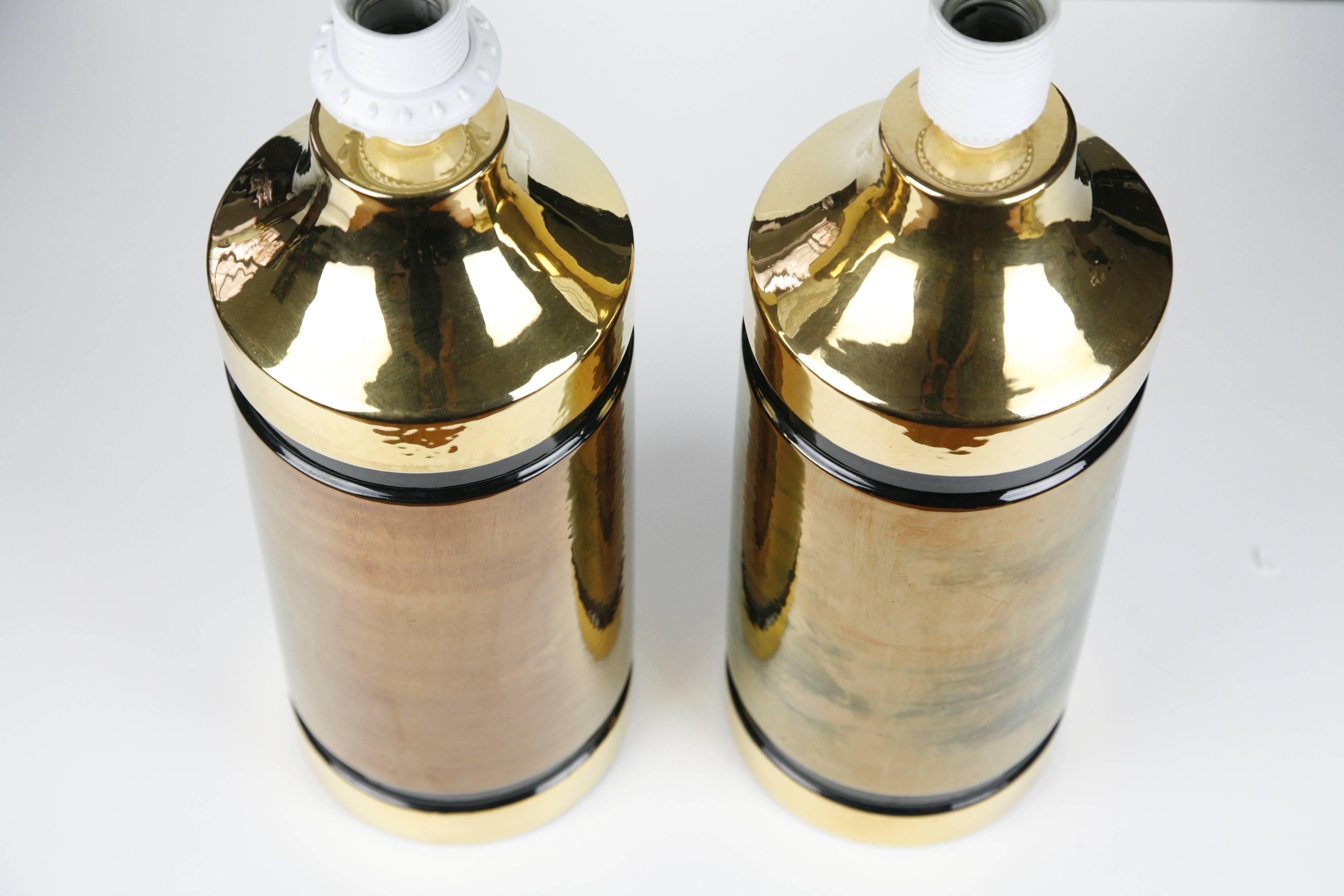 20th Century Pair of Ceramic Bitossi Lamps Gold, Black and Copper, 1960, Italy For Sale