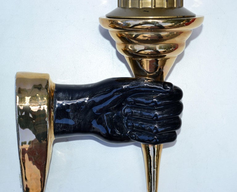 Pair of Ceramic Black & Gold French Hand Sconces Wall Lights Mid-Century Modern For Sale 4