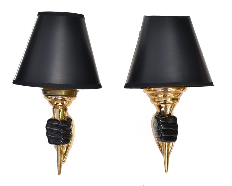 Neoclassical Pair of Ceramic Black & Gold French Hand Sconces Wall Lights Mid-Century Modern For Sale