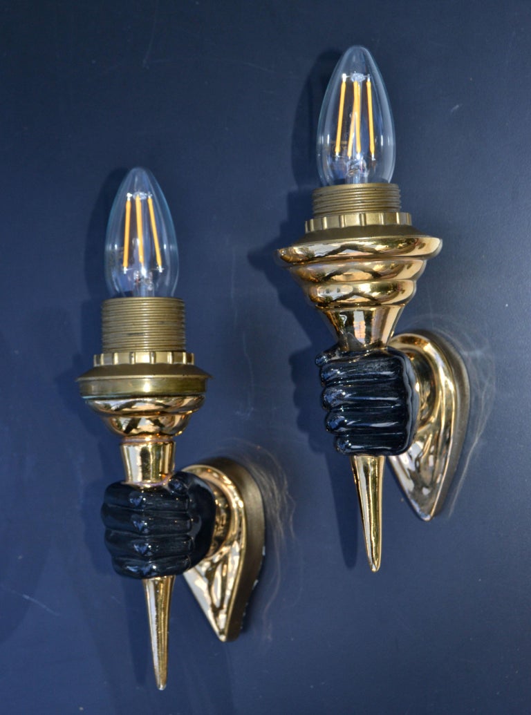 Pair of Ceramic Black & Gold French Hand Sconces Wall Lights Mid-Century Modern In Good Condition For Sale In Miami, FL