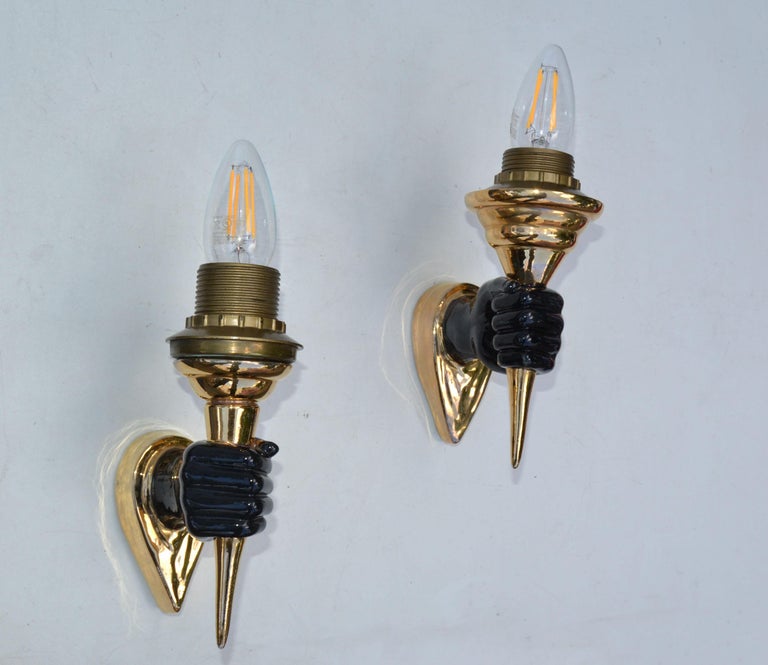 Late 20th Century Pair of Ceramic Black & Gold French Hand Sconces Wall Lights Mid-Century Modern For Sale
