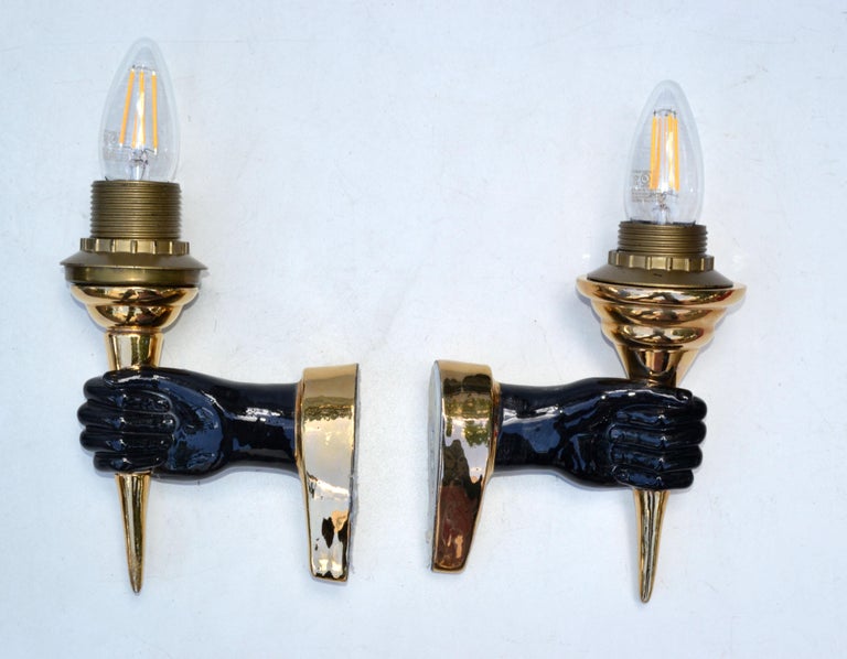 Pair of Ceramic Black & Gold French Hand Sconces Wall Lights Mid-Century Modern For Sale 1