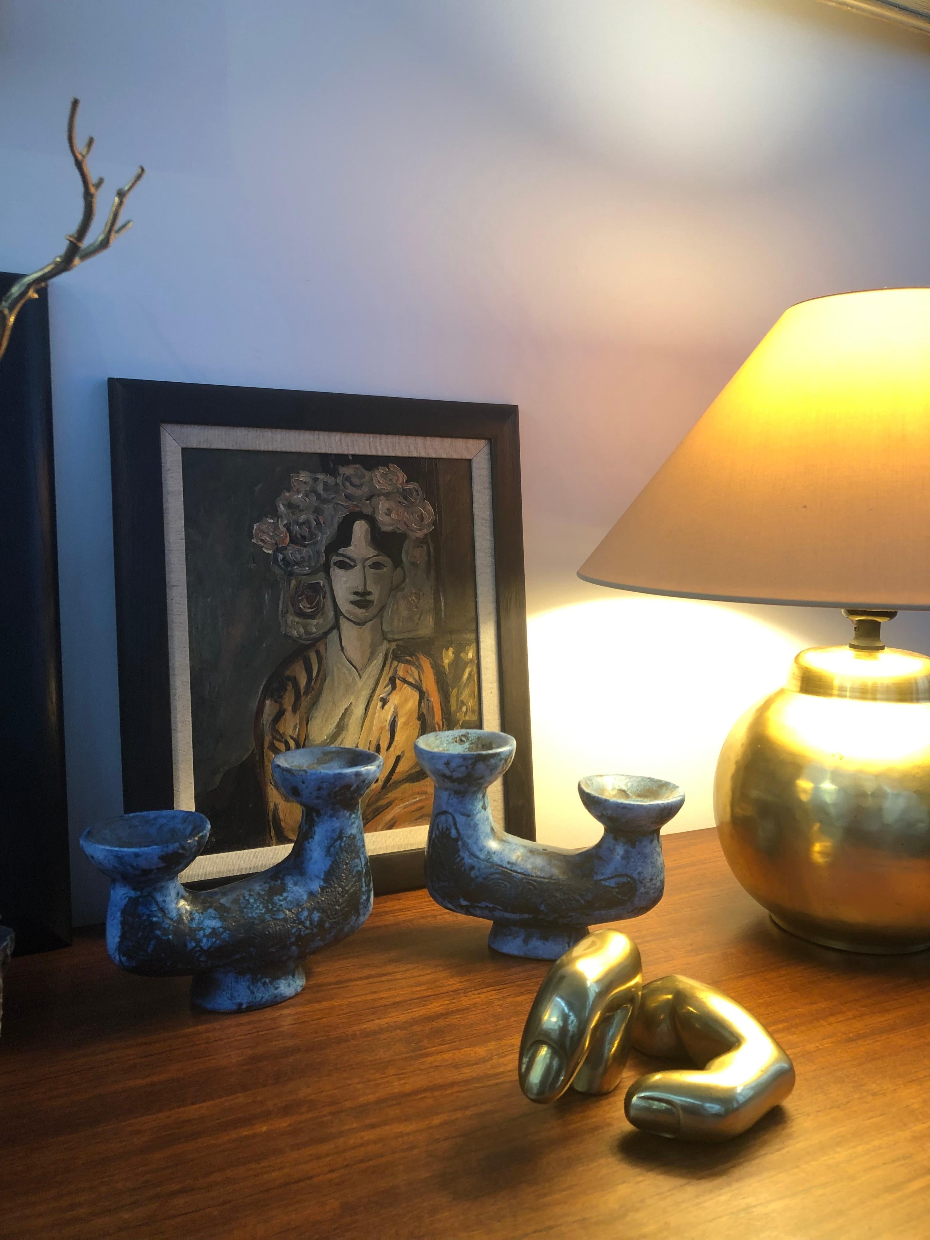 Mid-Century Modern Pair of Ceramic Blue Candle Holders by Jacques Blin, Vallauris, circa 1950s