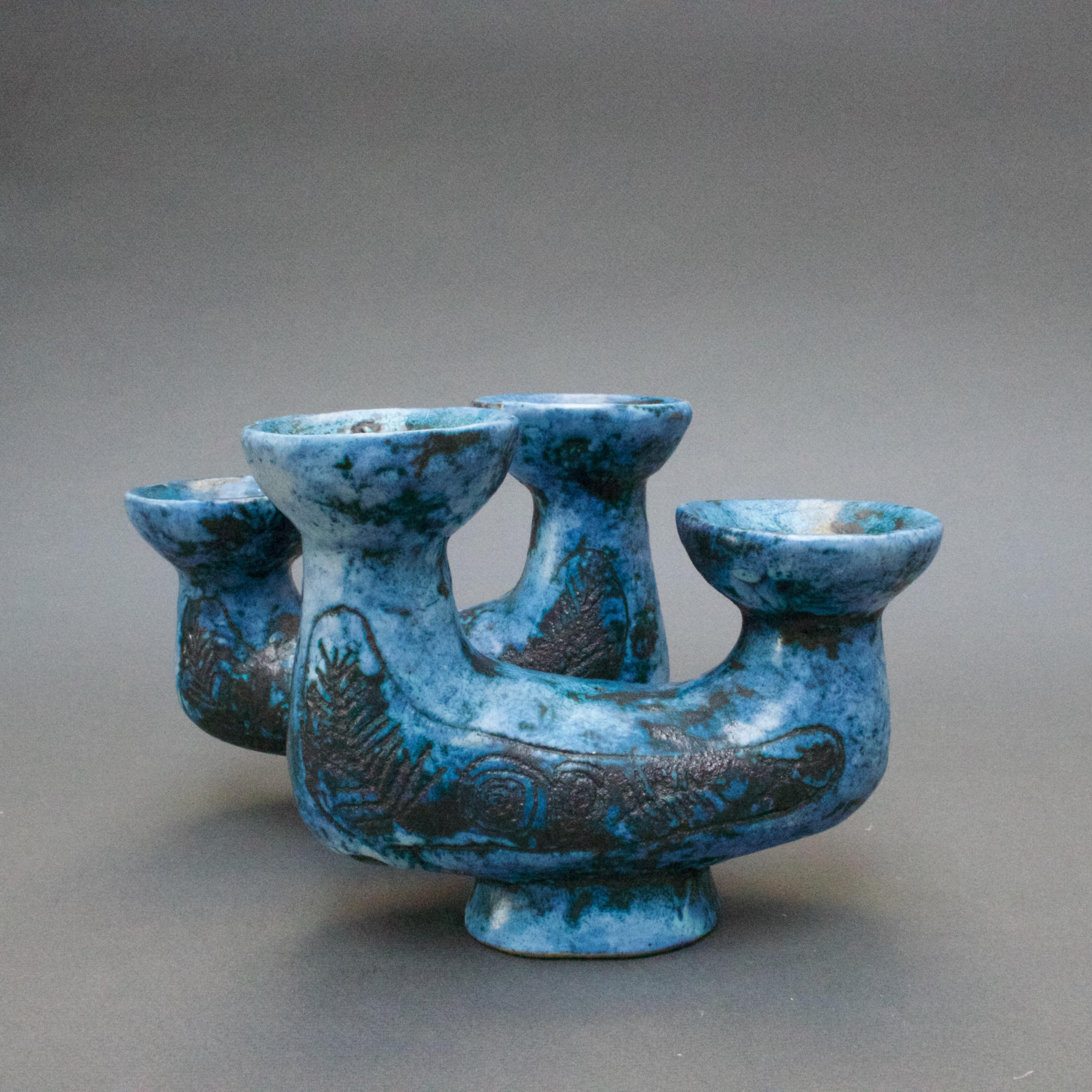 Pair of Ceramic Blue Candle Holders by Jacques Blin, Vallauris, circa 1950s In Good Condition In London, GB