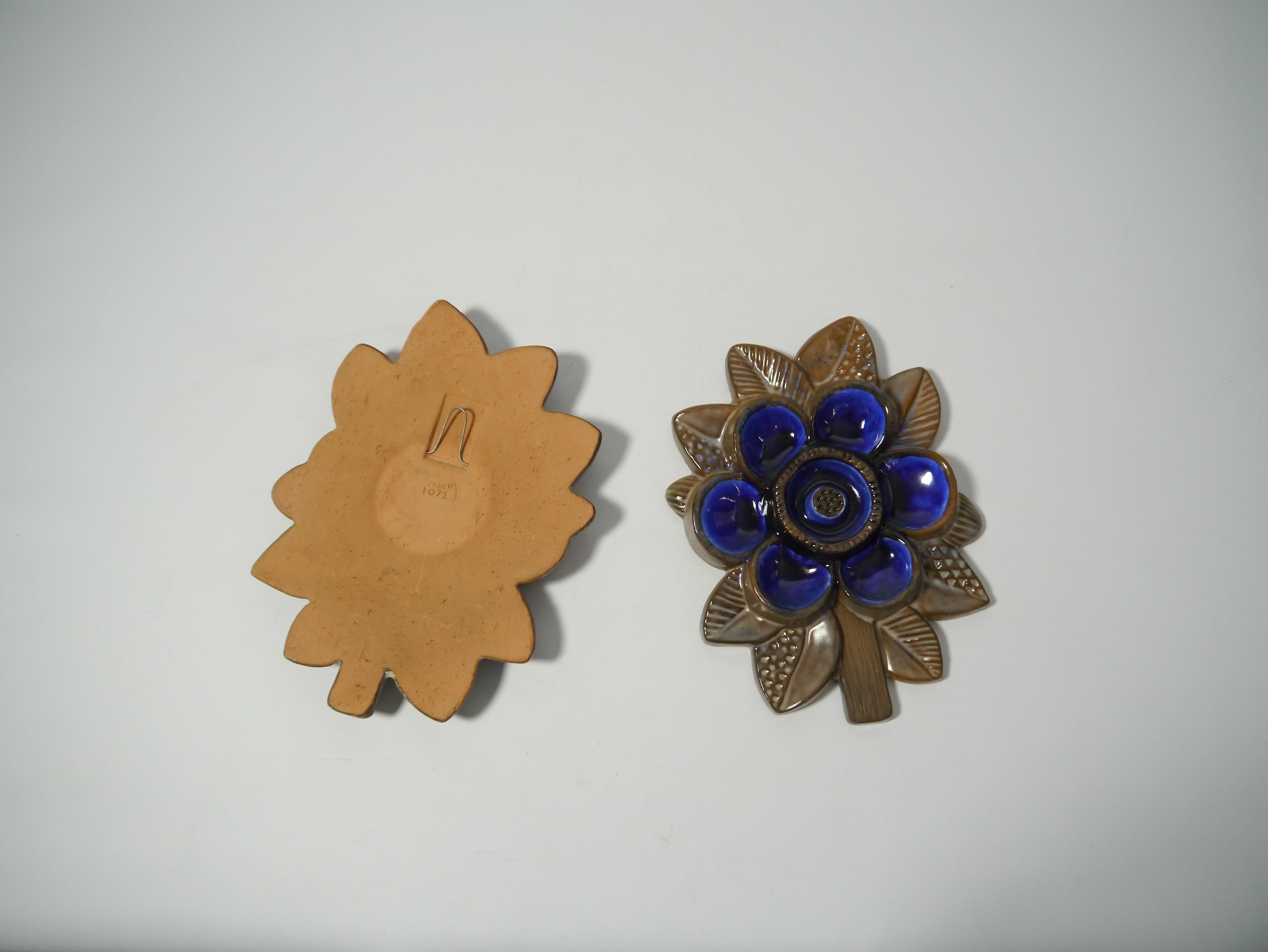 Scandinavian Modern Pair of Ceramic Blue Flower Wall Plaque by Irma Yourstone for Upsala Ekeby