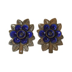 Pair of Ceramic Blue Flower Wall Plaque by Irma Yourstone for Upsala Ekeby