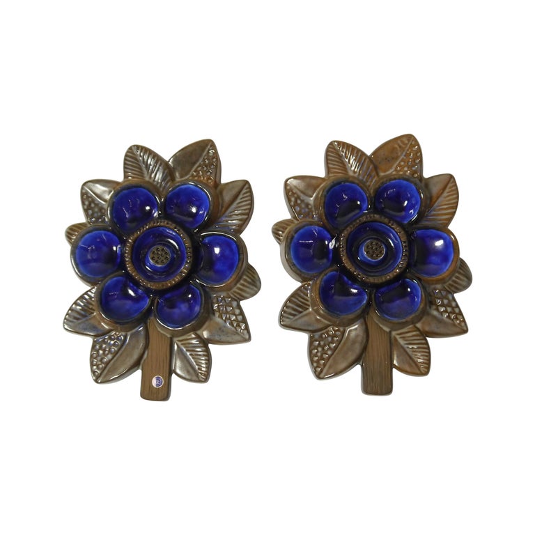 Pair of Ceramic Blue Flower Wall Plaque by Irma Yourstone for Upsala Ekeby at 1stDibs
