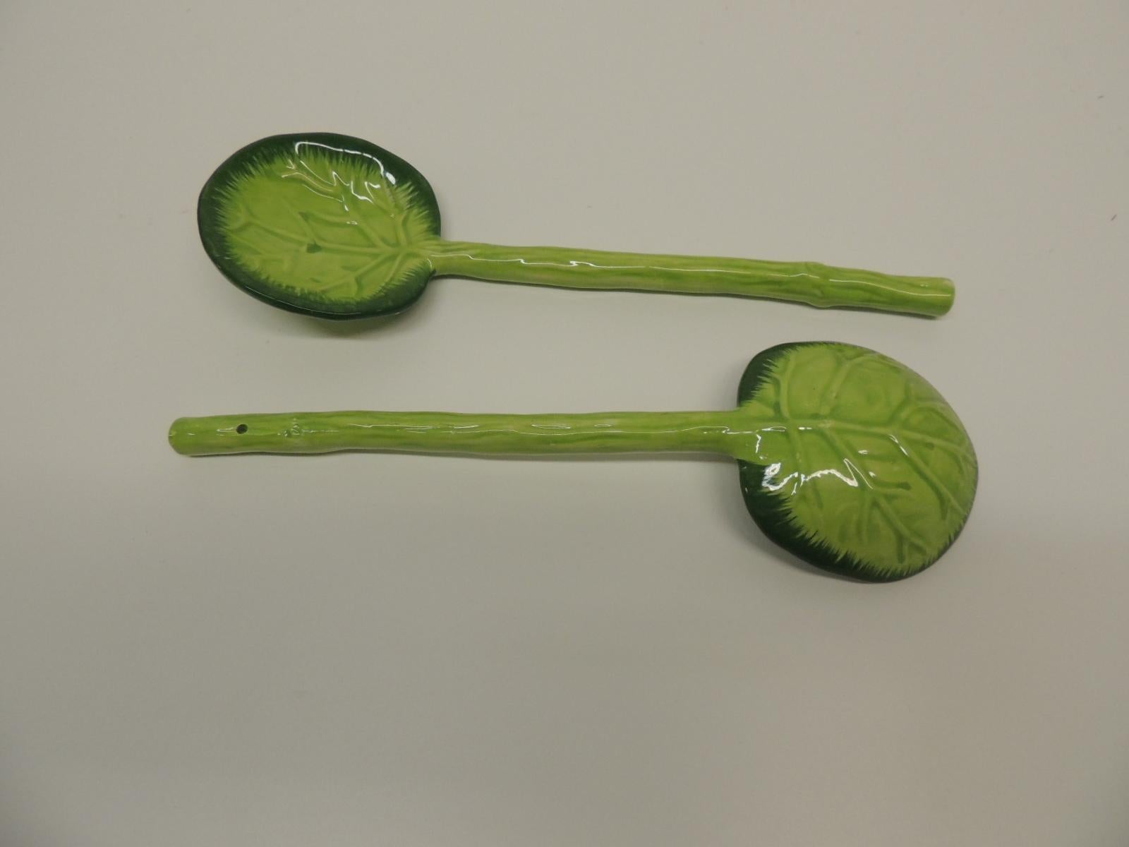 Bohemian Pair of Ceramic Cabbage Leaf Serving Spoons