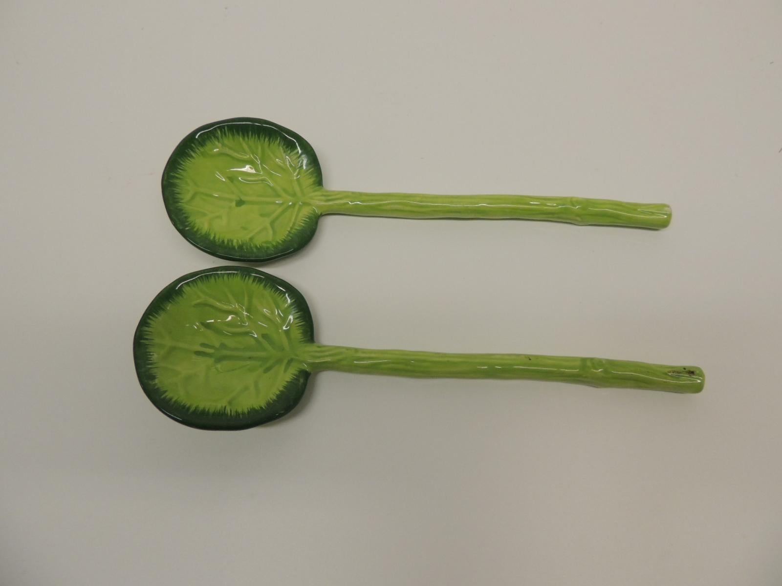 Portuguese Pair of Ceramic Cabbage Leaf Serving Spoons