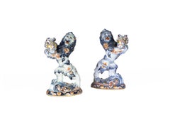 Pair of Ceramic Candle Holders, Lions By Emile Gallé, 19th Century