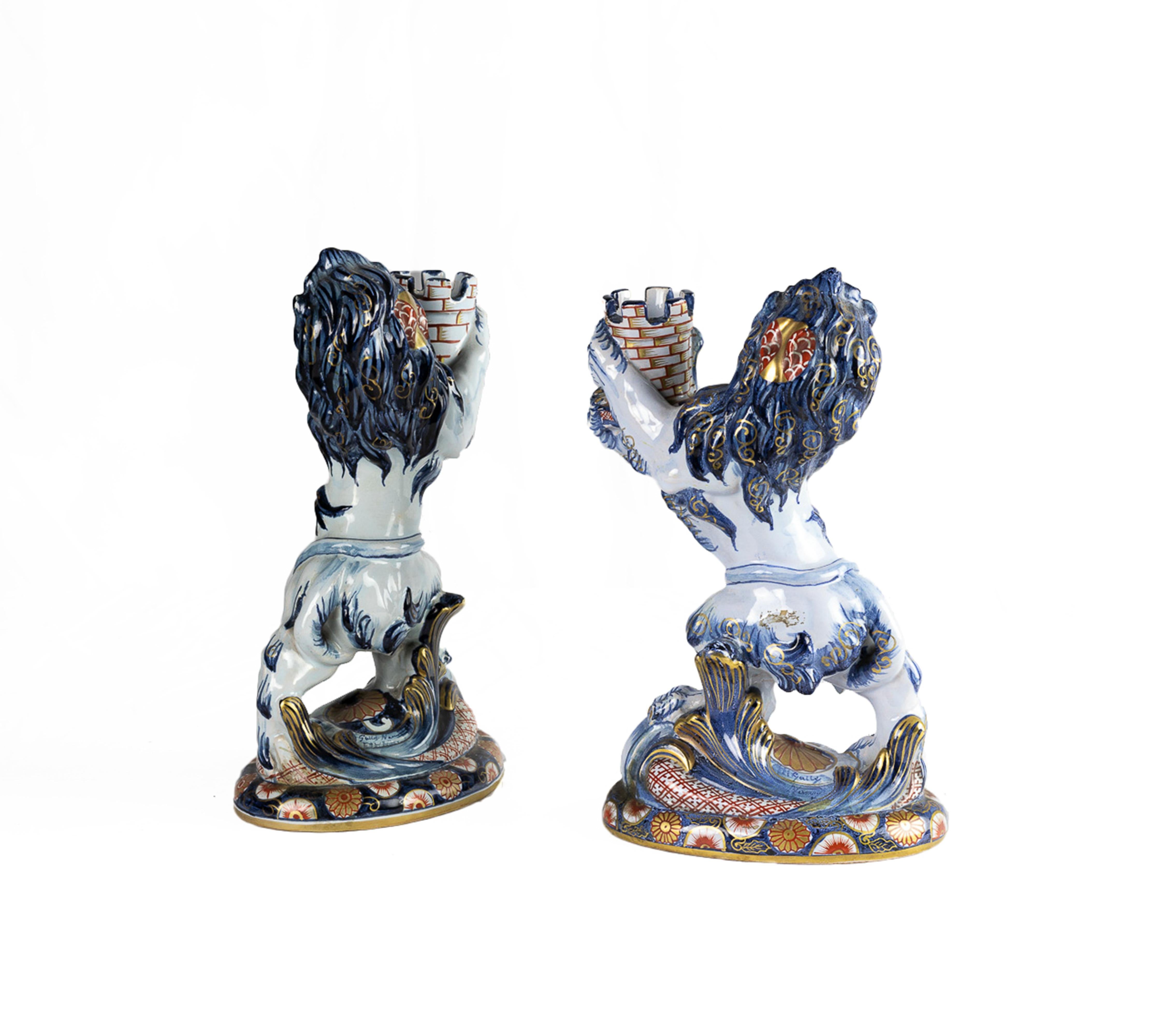Neorococò Coppia di portacandele in ceramica, Leoni di Emile Gallé, XIX secolo in vendita