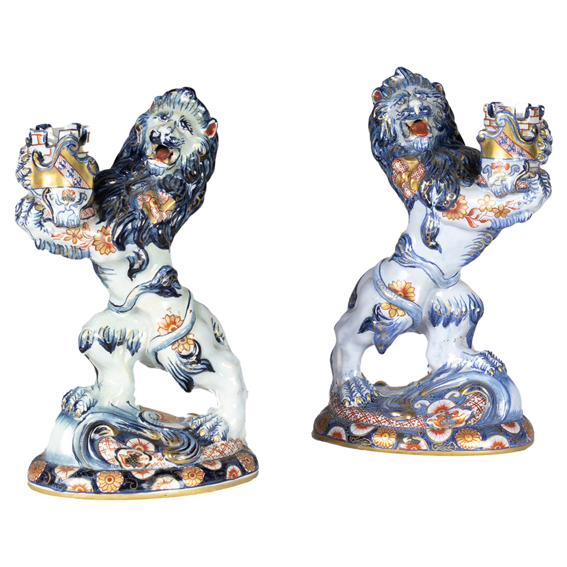 Coppia di portacandele in ceramica, Leoni di Emile Gallé, XIX secolo in vendita