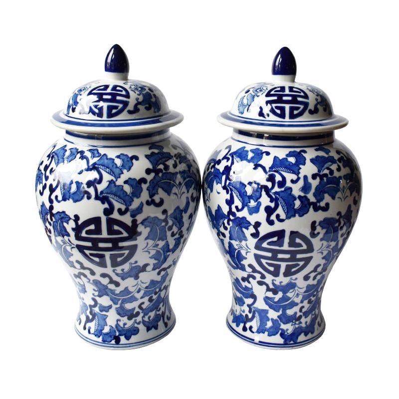 Pair of Ceramic Chinoiserie Blue and White Ginger Jars with Lids