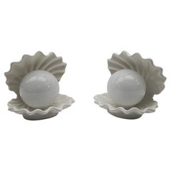 Vintage Pair of Ceramic Clam Shell Lamps with Pearl Globes, 1970, Italy