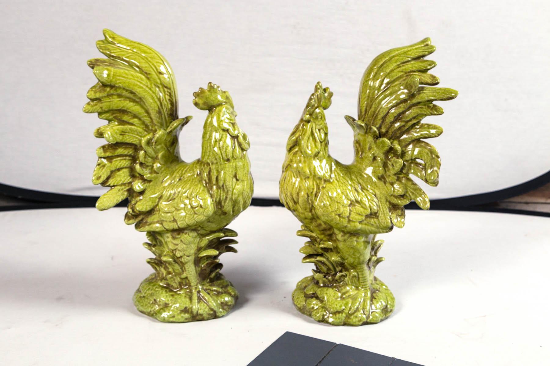 Pair of ceramic cockerels, Bassano, Italy, mid-20th century. Striking lime green crackle glaze with beautiful molded details.