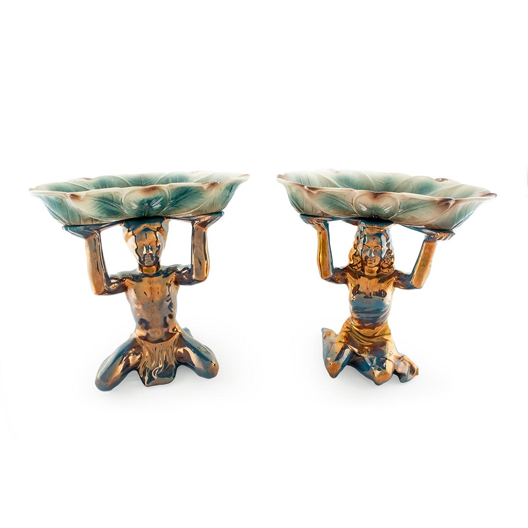 Pair of Ceramic Compotes Depicting Kneeling Figures Holding Shallow Bowls For Sale 3