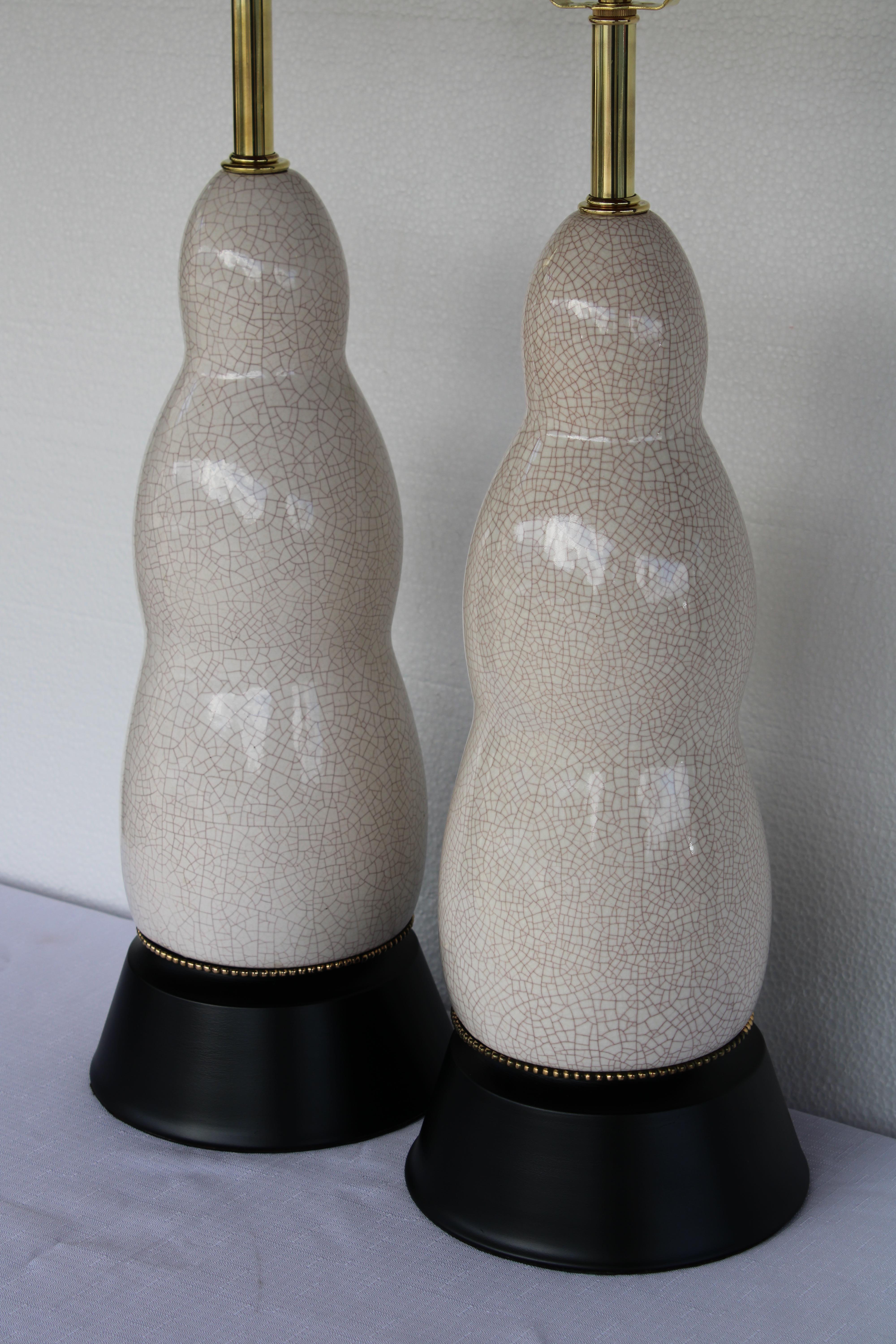 Brass Pair of Ceramic Crackle Glaze Lamps