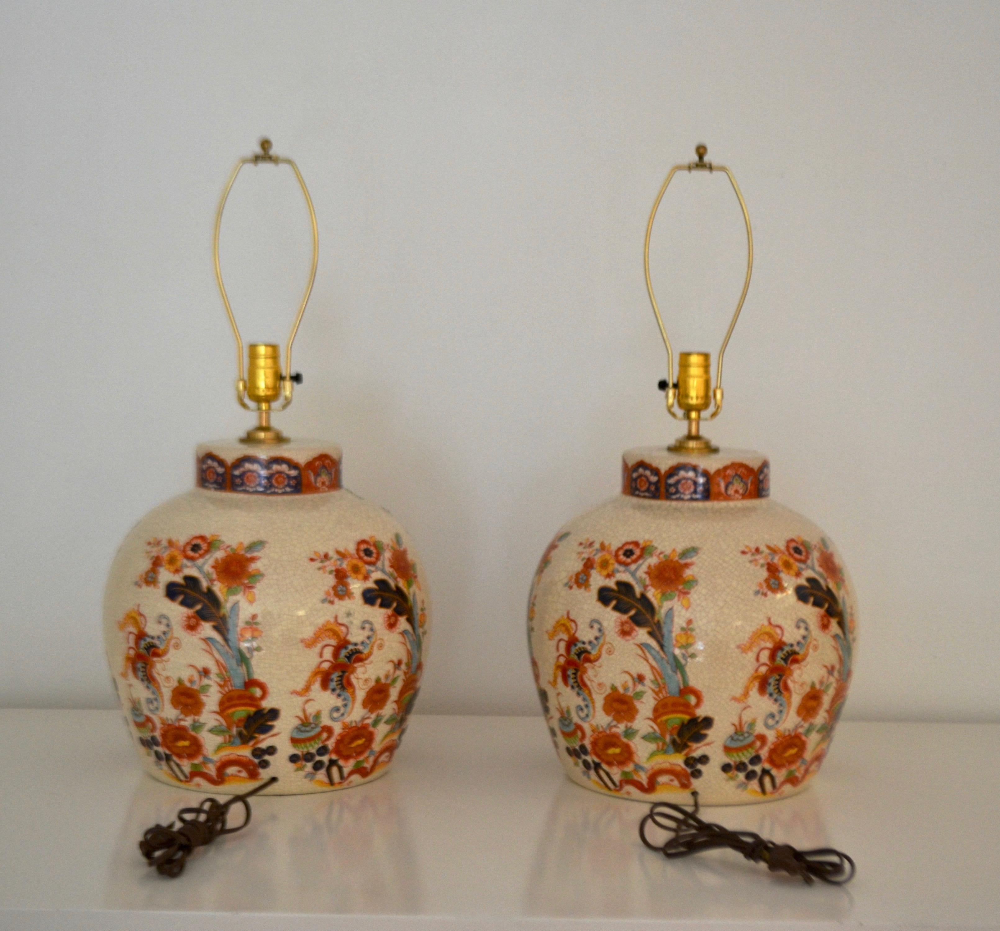 Pair of Ceramic Crackle Glazed Jar Form Table Lamps In Good Condition For Sale In West Palm Beach, FL