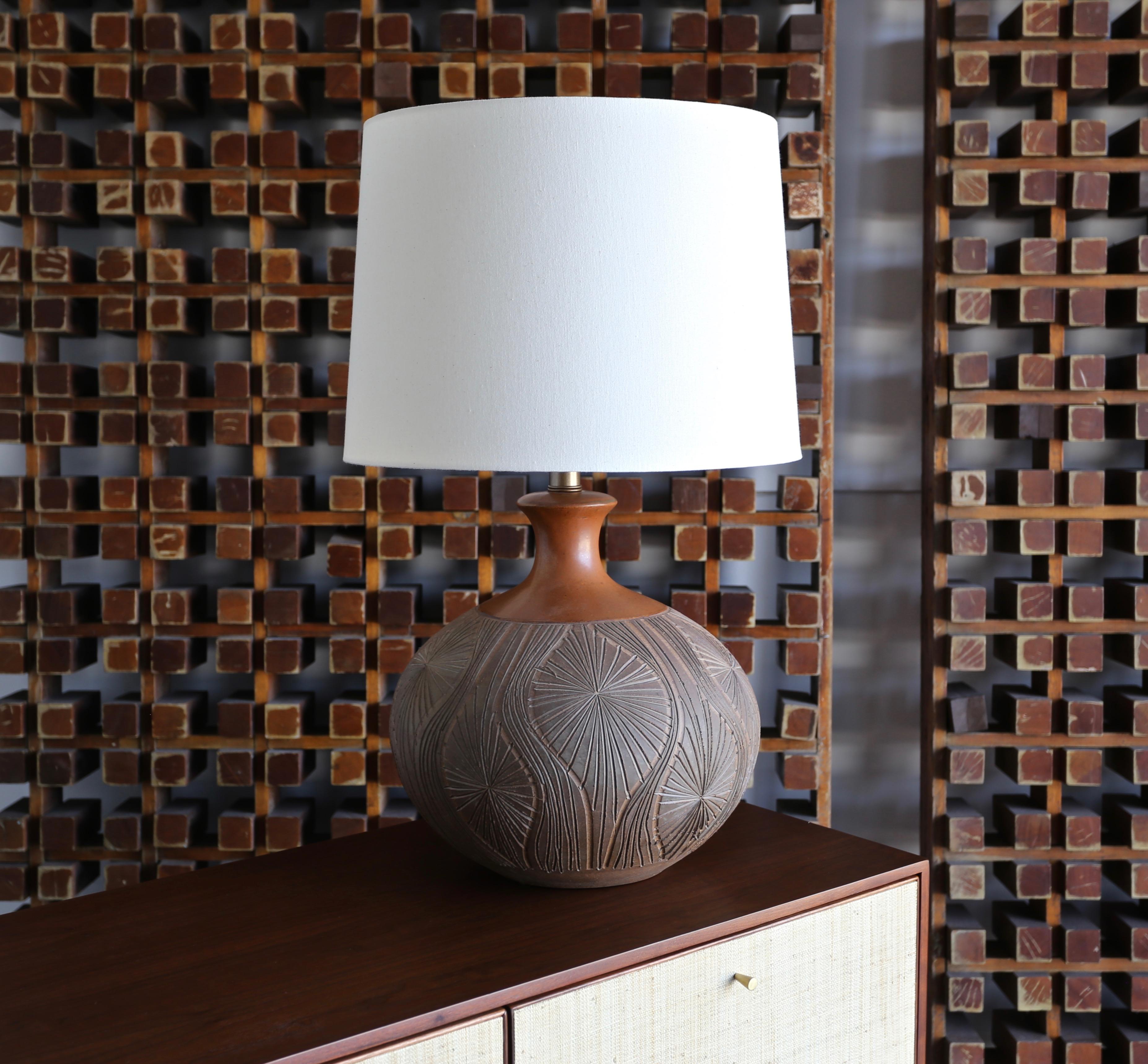 Pair of ceramic Earthgender table lamps by David Cressey Robert Maxwell. This pair has been professionally rewired. New shades. The listed measurements include the shades. This pair is a great example of California modern design circa 1970.