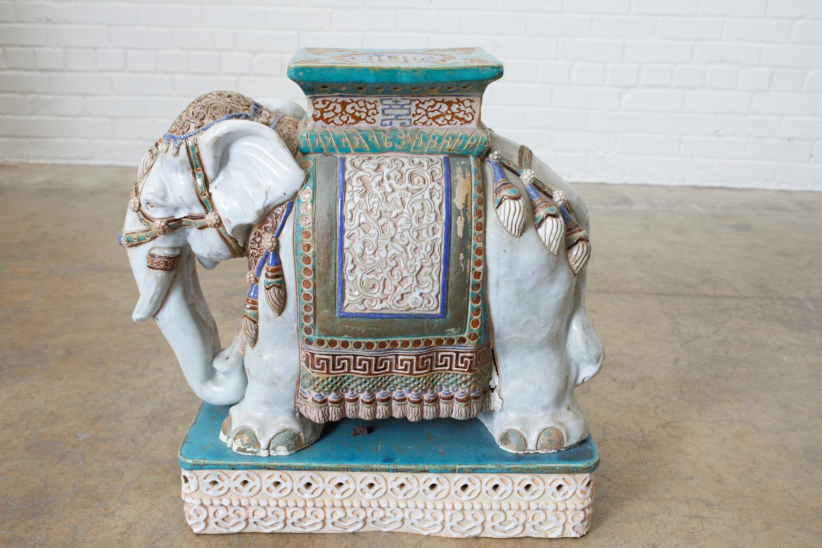 Pair of Ceramic Elephant Garden Stool Drink Tables 5