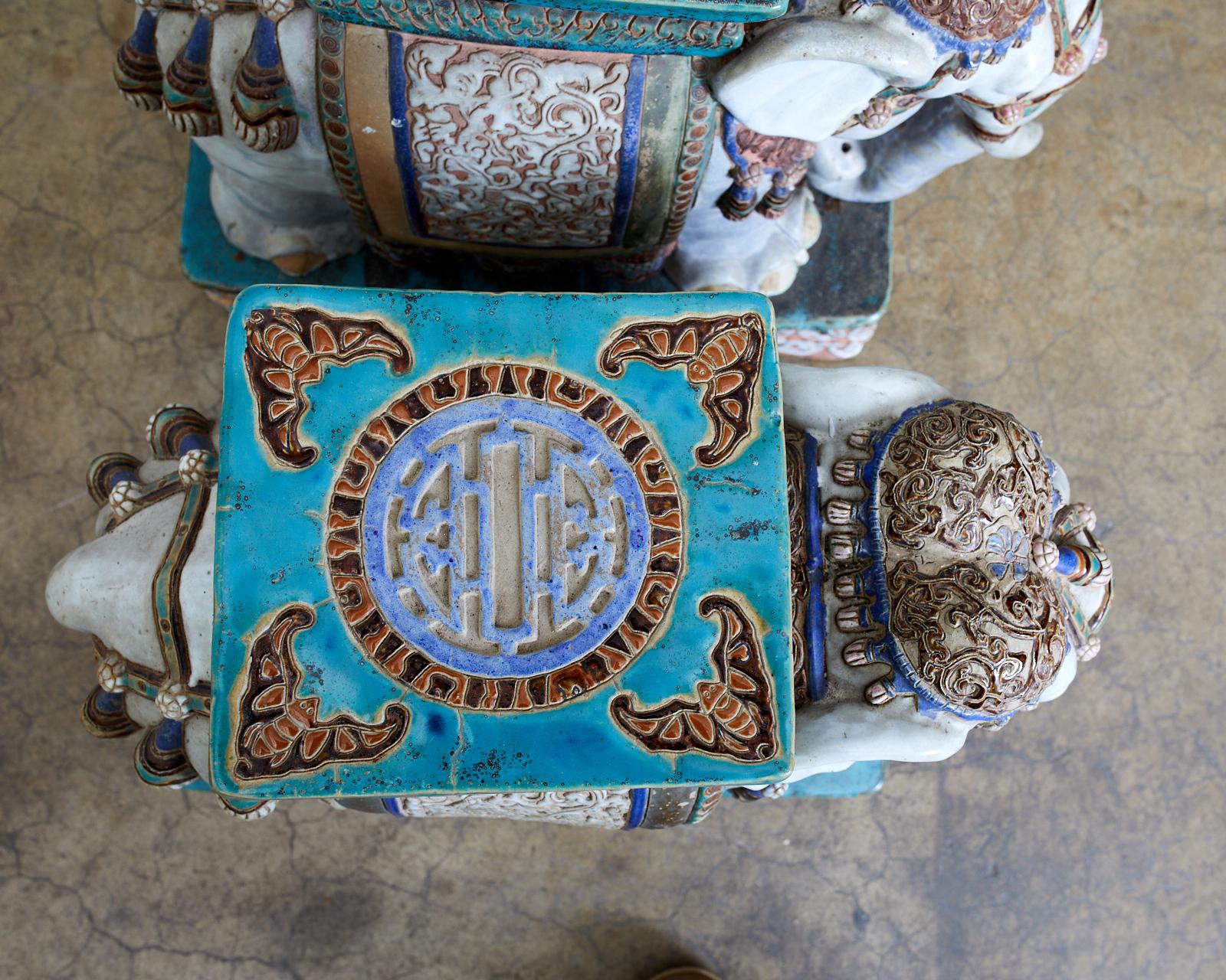 Pair of Ceramic Elephant Garden Stool Drink Tables In Distressed Condition In Rio Vista, CA