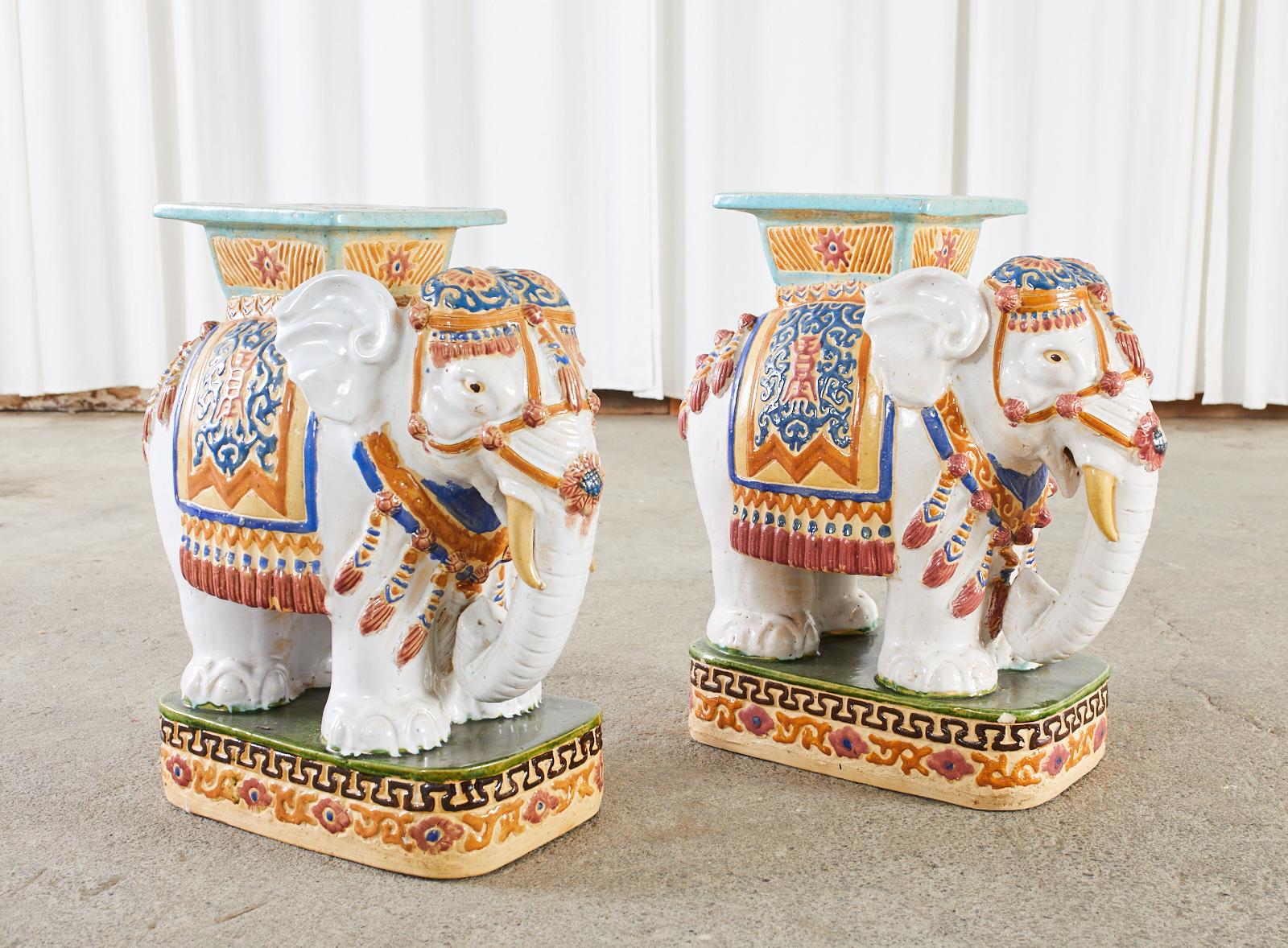 Hollywood Regency Pair of Ceramic Elephant Garden Stool Drinks Tables