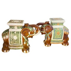 Pair of Ceramic Elephant Garden Stools or Drink Tables, Brown, China 20th Century
