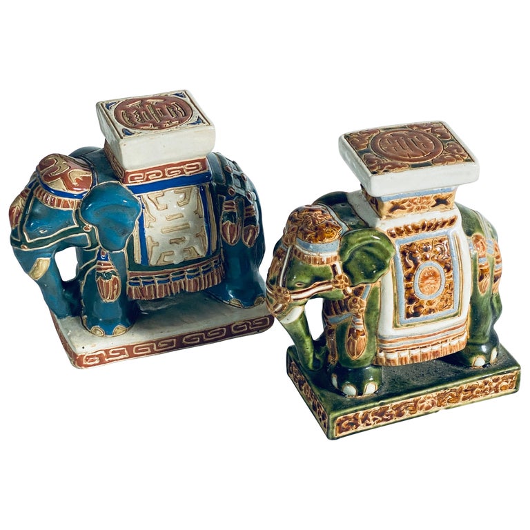 Porte-plante Éléphant Vert Céramique Vintage – Hauteur 22,5 Cm