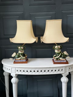 Pair Of Ceramic Foo Dog Lamps With Bespoke Pagoda/Empire Style Shades