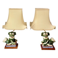 Pair Of Ceramic Foo Dog Lamps With Bespoke Pagoda/Empire Style Shades
