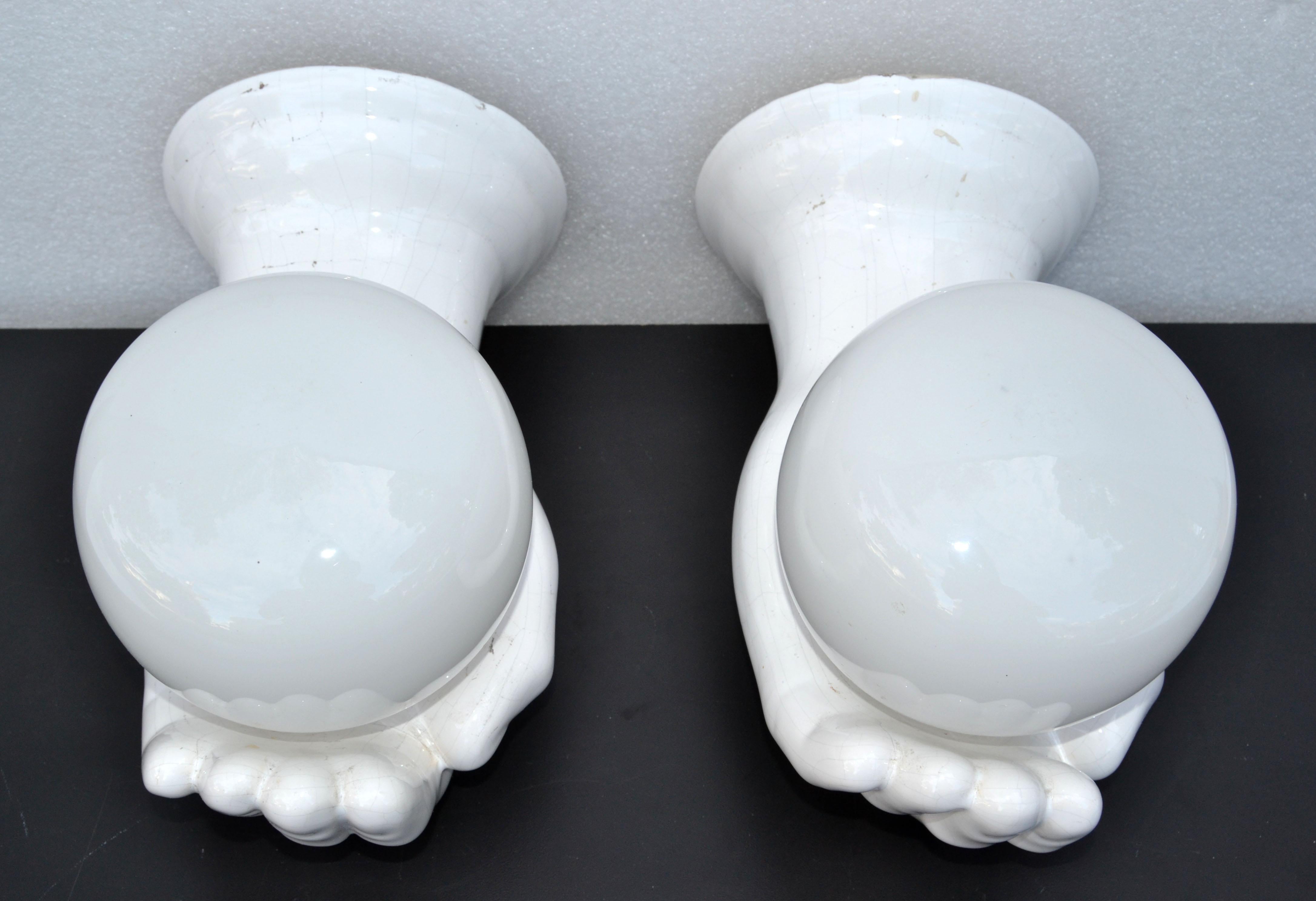 Pair of Ceramic French Hand Sconces Wall Lights Mid-Century Modern For Sale 1