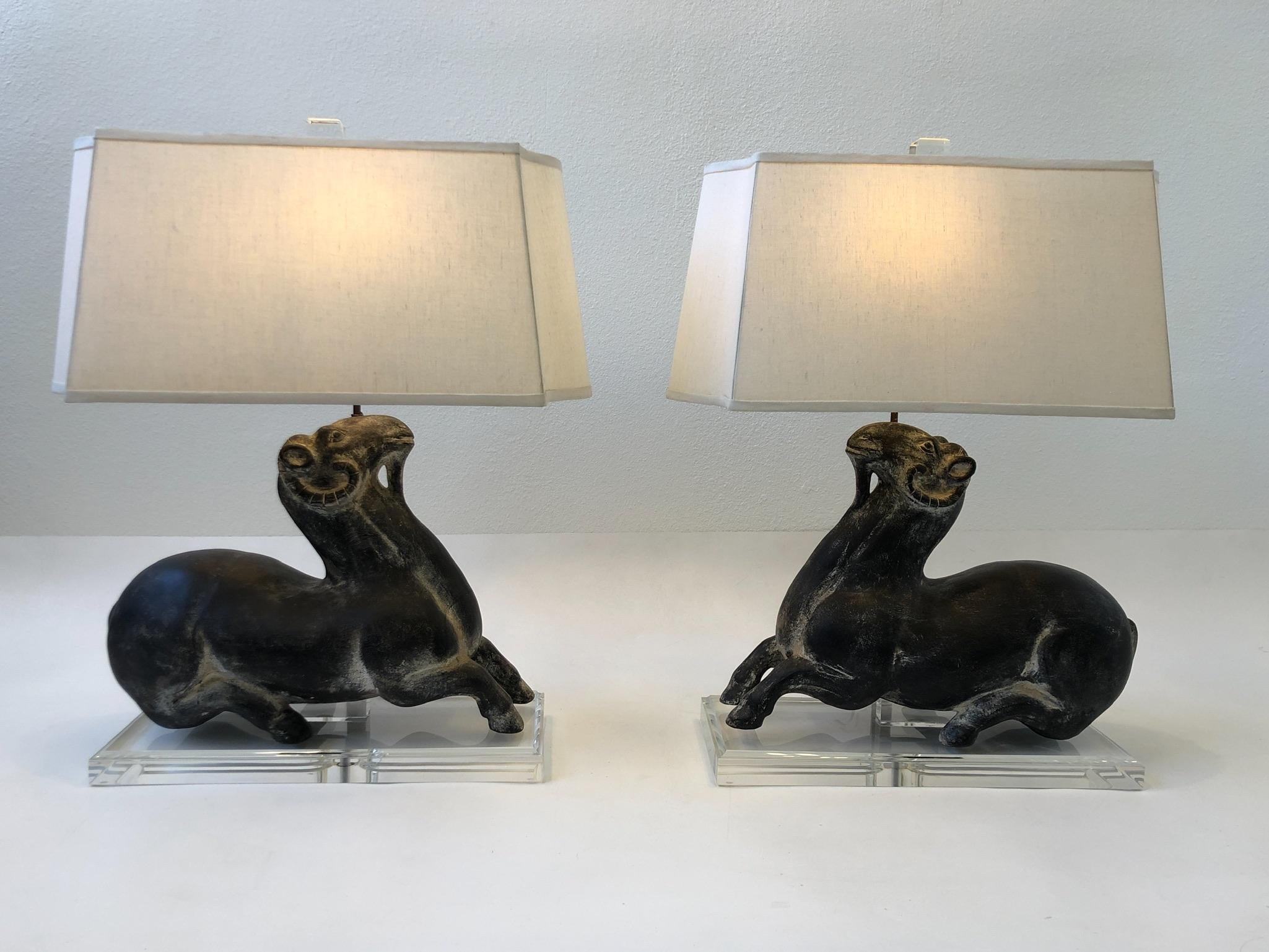 Pair of Ceramic Goats and Lucite Table Lamps by Steve Chase For Sale 3