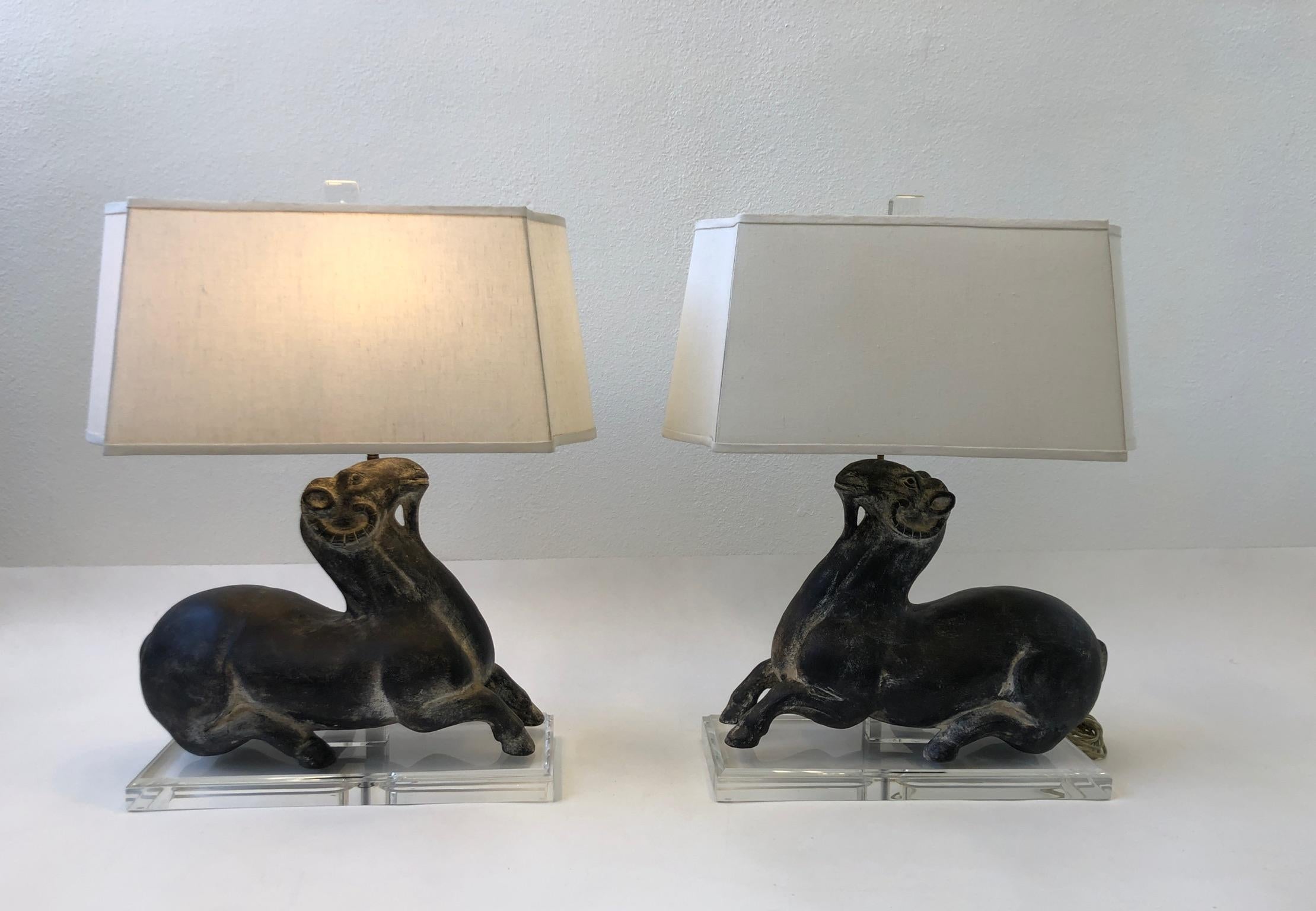 Hand-Painted Pair of Ceramic Goats and Lucite Table Lamps by Steve Chase For Sale