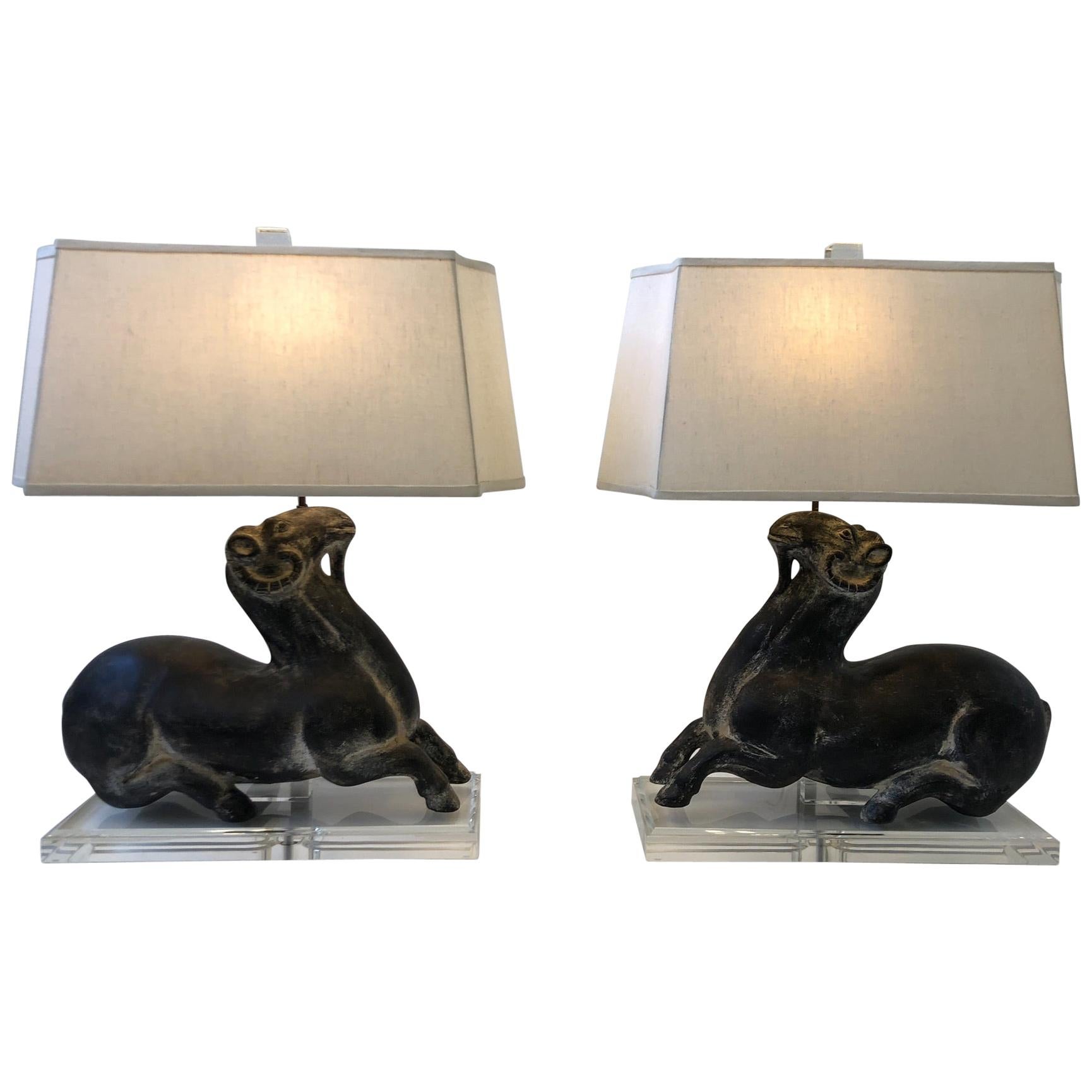 Pair of Ceramic Goats and Lucite Table Lamps by Steve Chase For Sale