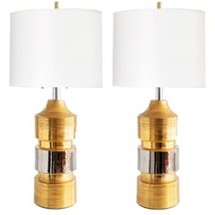 Pair of Ceramic Gold and Silver Glazed Lamps from Bitossi for Bergboms, Sweden Pair of Ceramic Gold and Silver Glazed Lamps from Bitossi for Bergboms, Sweden