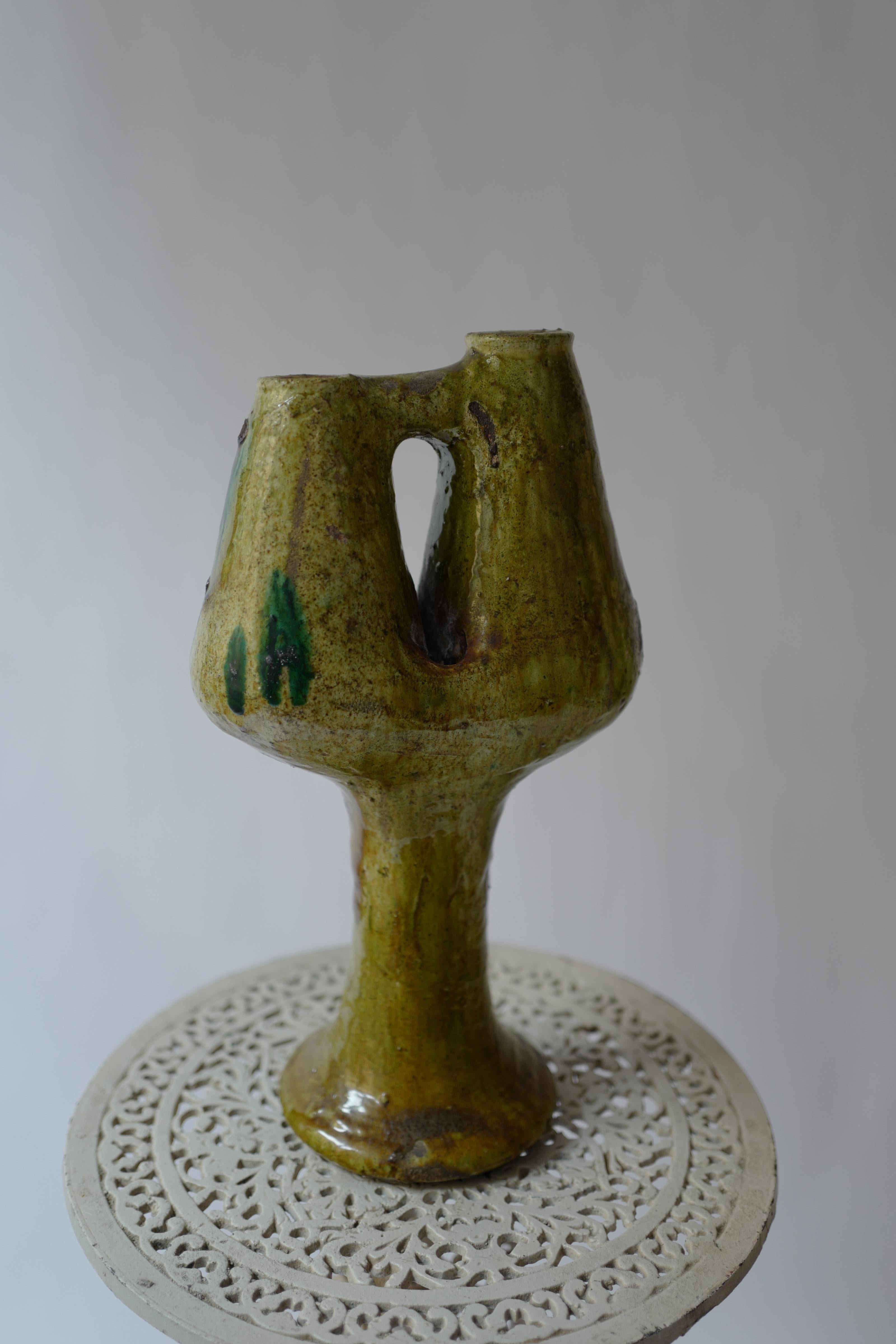 Pair of Ceramic Green Glazed Moroccan Candleholders In Good Condition For Sale In Milano, IT