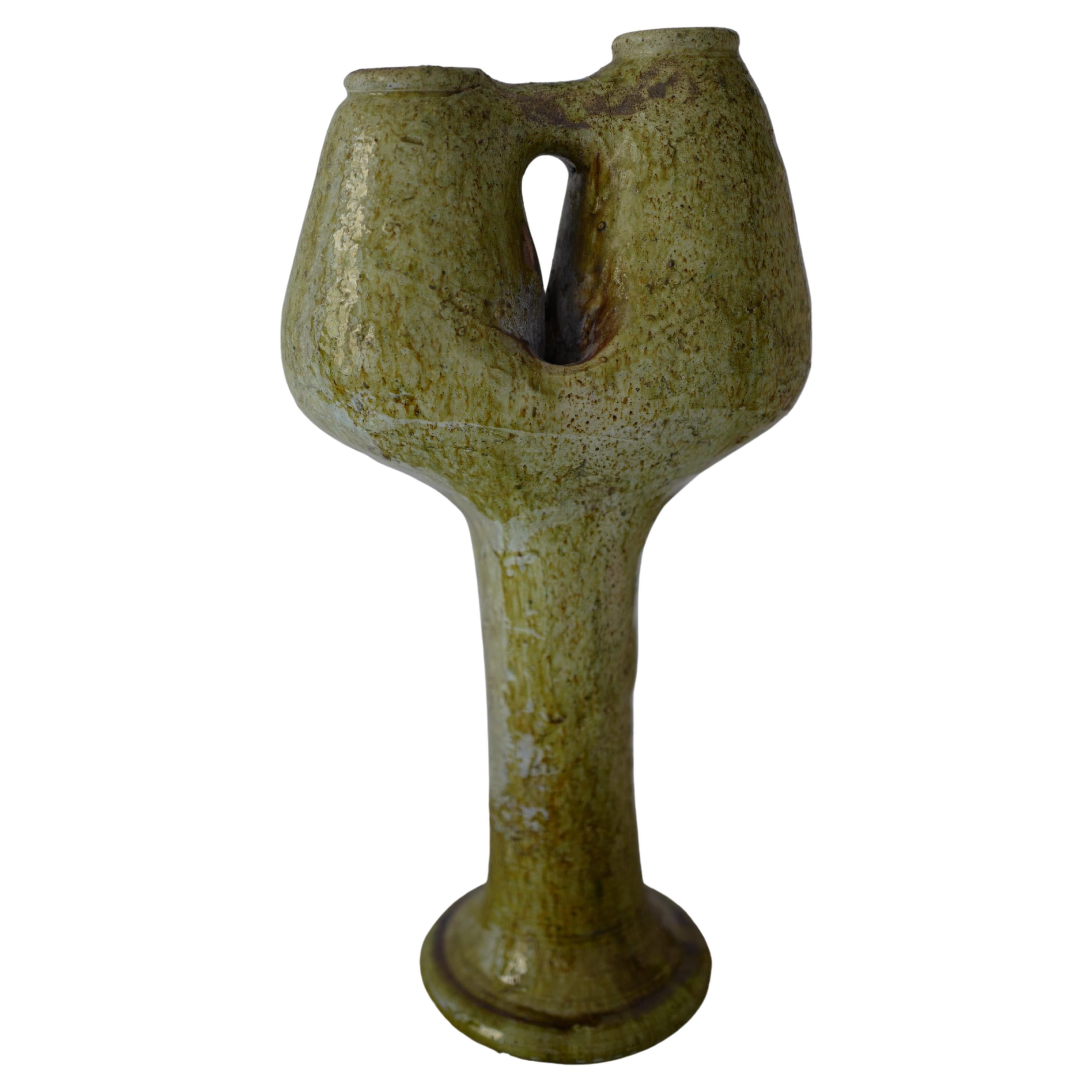 Pair of Ceramic Green Glazed Moroccan Candleholders For Sale