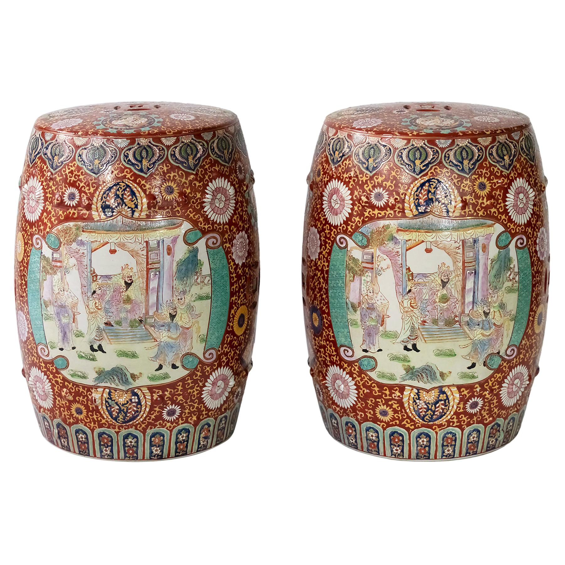 Pair of Ceramic Hand Painted Chinese Garden Stools