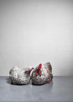 Pair of Ceramic Hen and Rooster Sculptures